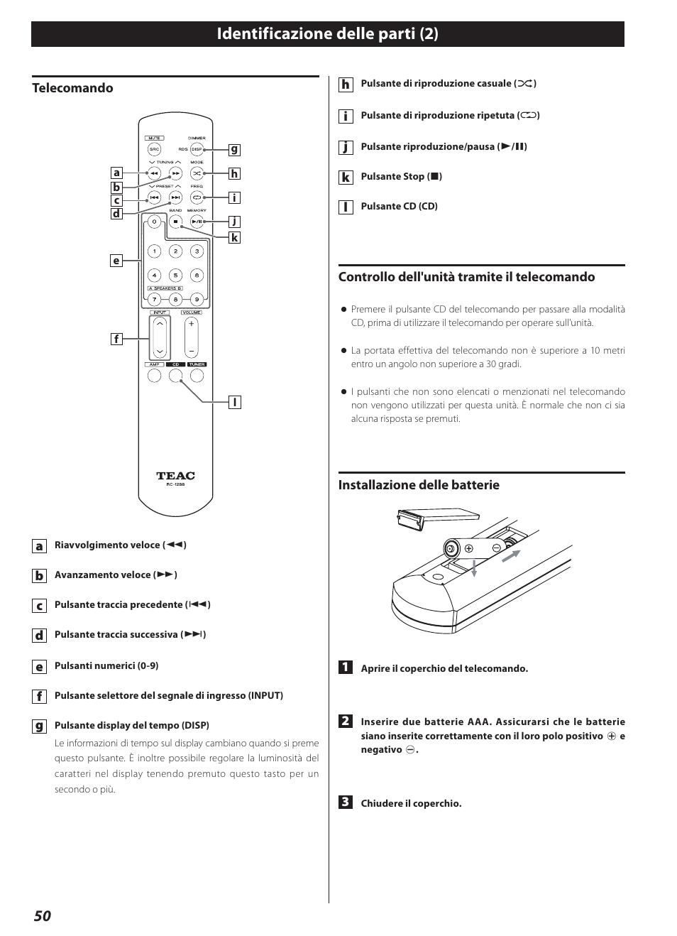 Identificazione delle parti (2) | Teac CD-2000 User Manual | Page 50 / 64