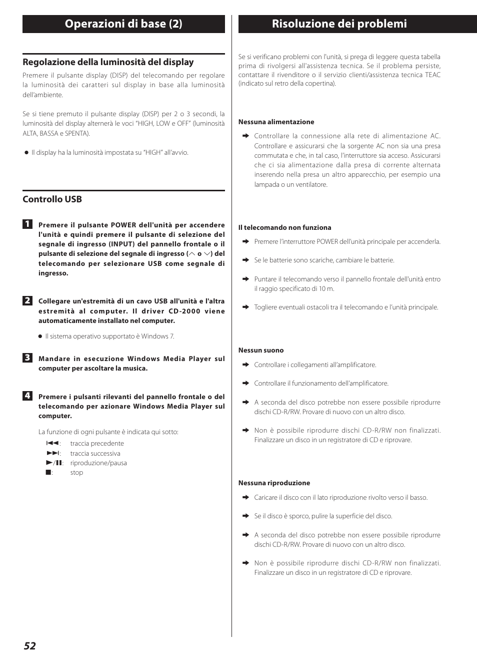 Risoluzione dei problemi, Operazioni di base (2), Regolazione della luminosità del display | Controllo usb 1 | Teac CD-2000 User Manual | Page 52 / 64