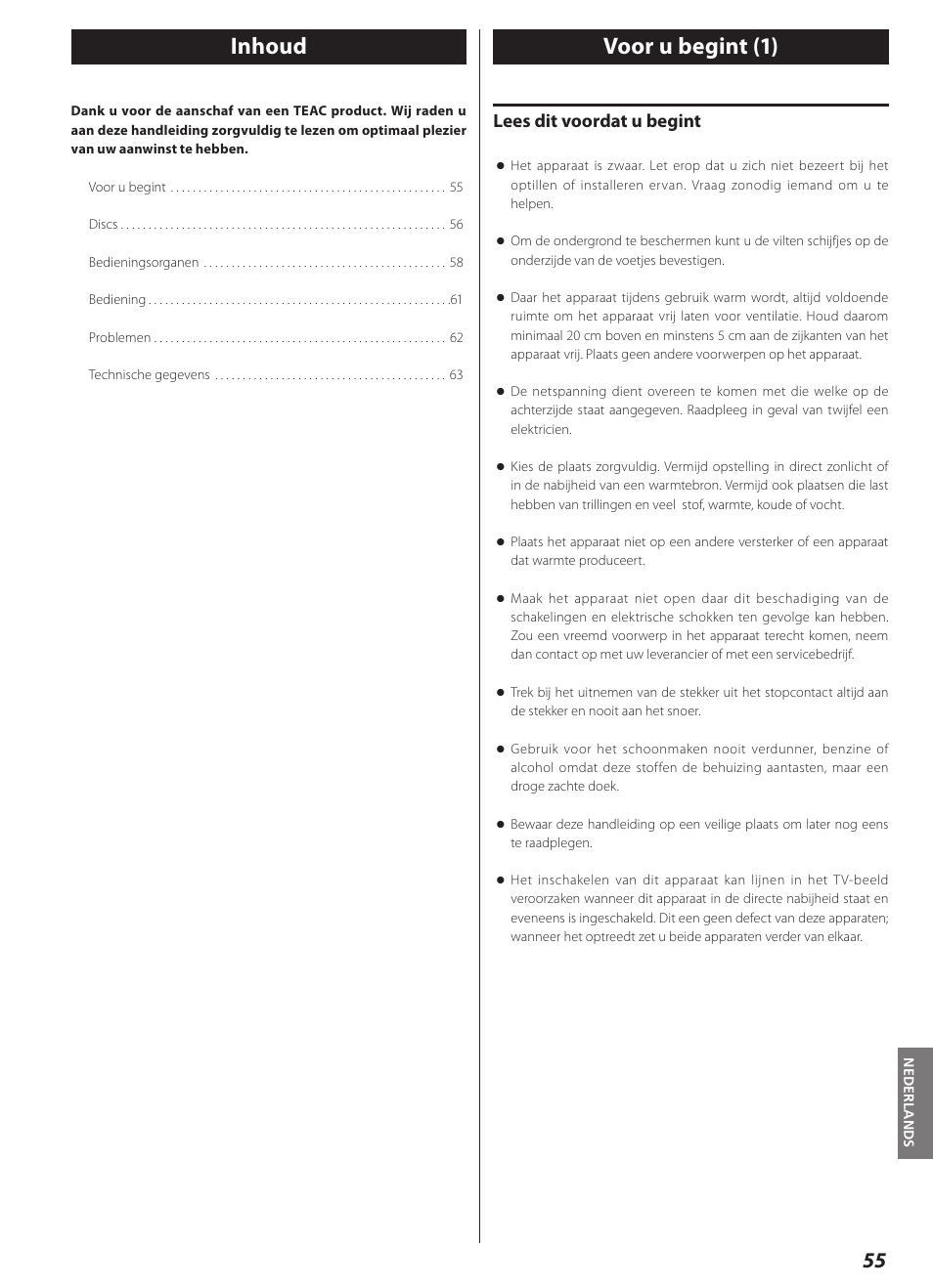 Nederlands, Voor u begint, Inhoud | Voor u begint (1), Lees dit voordat u begint | Teac CD-2000 User Manual | Page 55 / 64