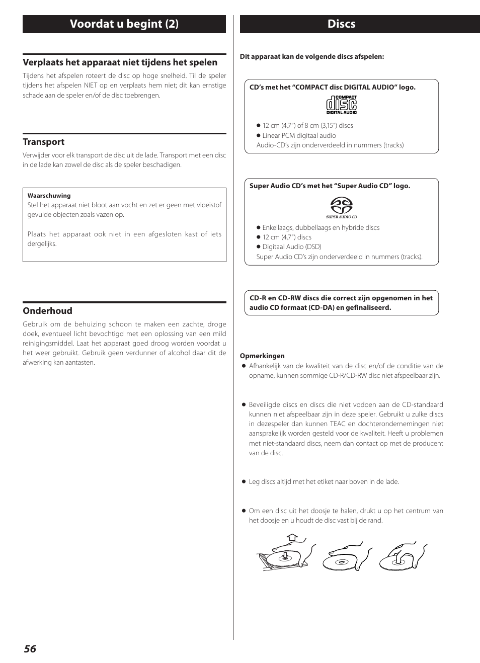 Discs, Voordat u begint (2) | Teac CD-2000 User Manual | Page 56 / 64