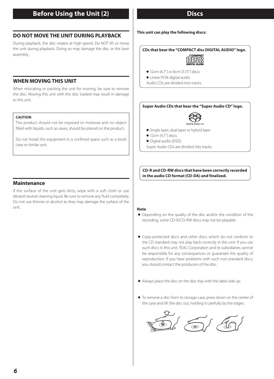 Discs, Before using the unit (2) | Teac CD-2000 User Manual | Page 6 / 64