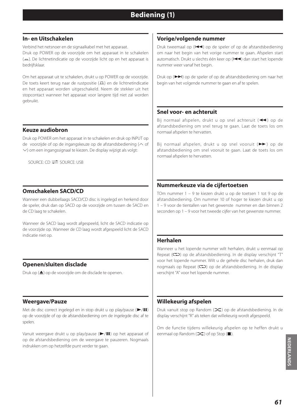 Bediening, Bediening (1) | Teac CD-2000 User Manual | Page 61 / 64