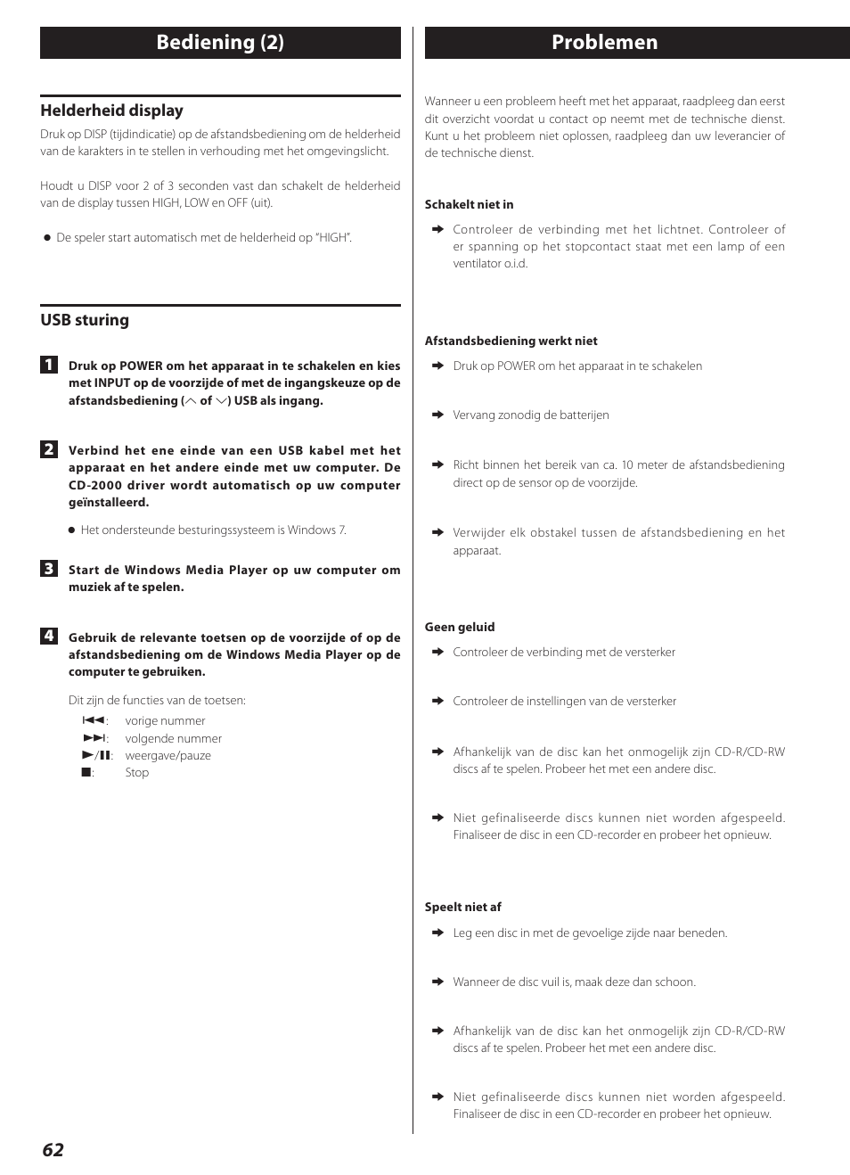 Problemen, Bediening (2), Helderheid display | Usb sturing 1 | Teac CD-2000 User Manual | Page 62 / 64