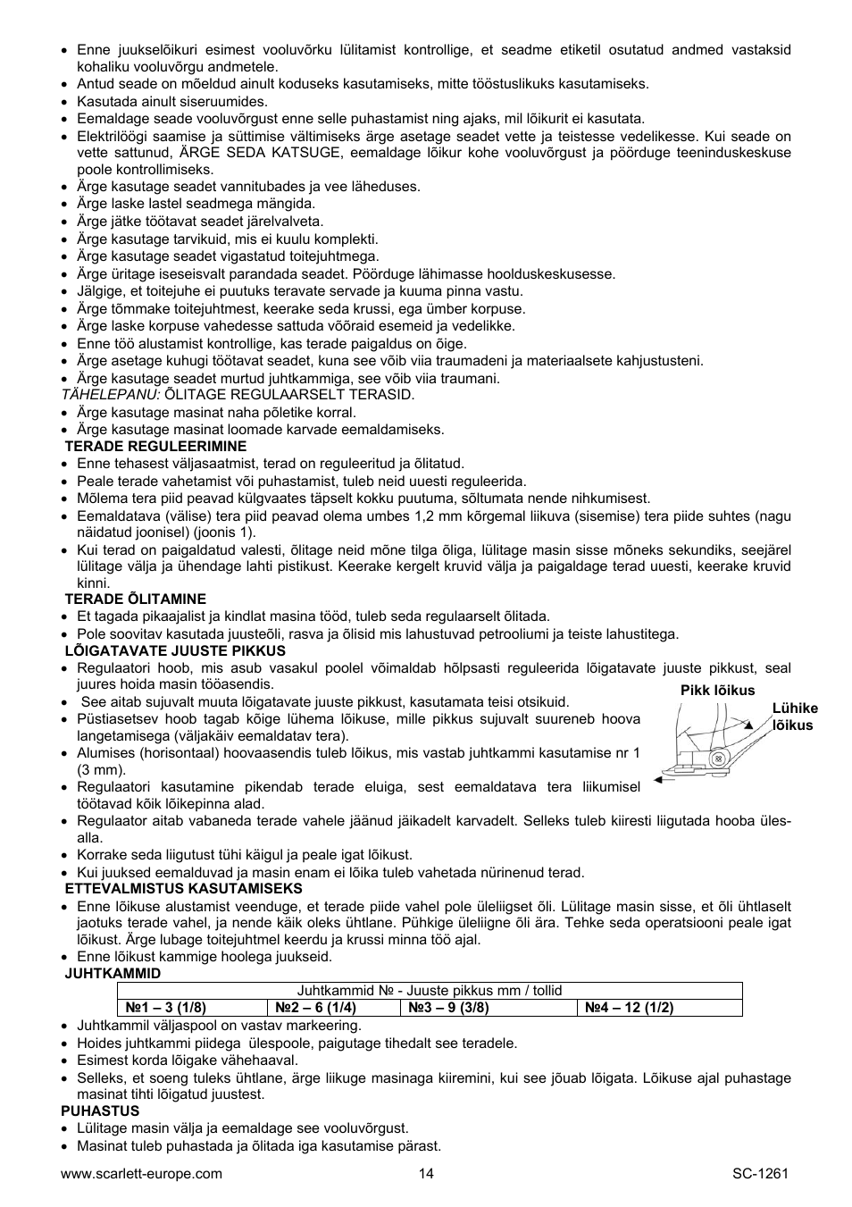 Terade reguleerimine, Terade õlitamine, Lõigatavate juuste pikkus | Ettevalmistus kasutamiseks, Juhtkammid, Puhastus | Scarlett SC-1260 User Manual | Page 14 / 20