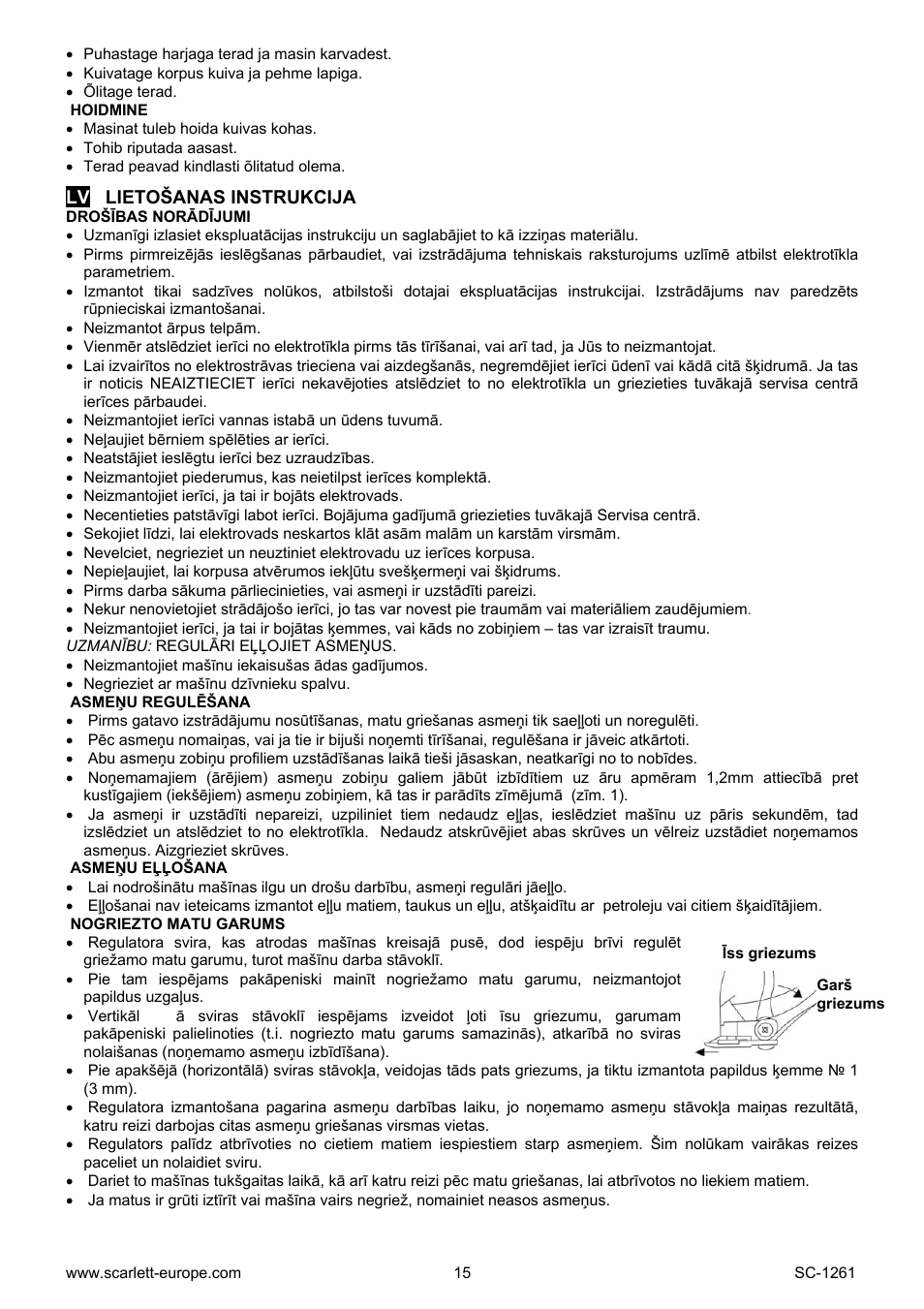 Hoidmine, Lv lietošanas instrukcija, Drošības norādījumi | Asmeņu regulēšana, Asmeņu eļļošana, Nogriezto matu garums | Scarlett SC-1260 User Manual | Page 15 / 20