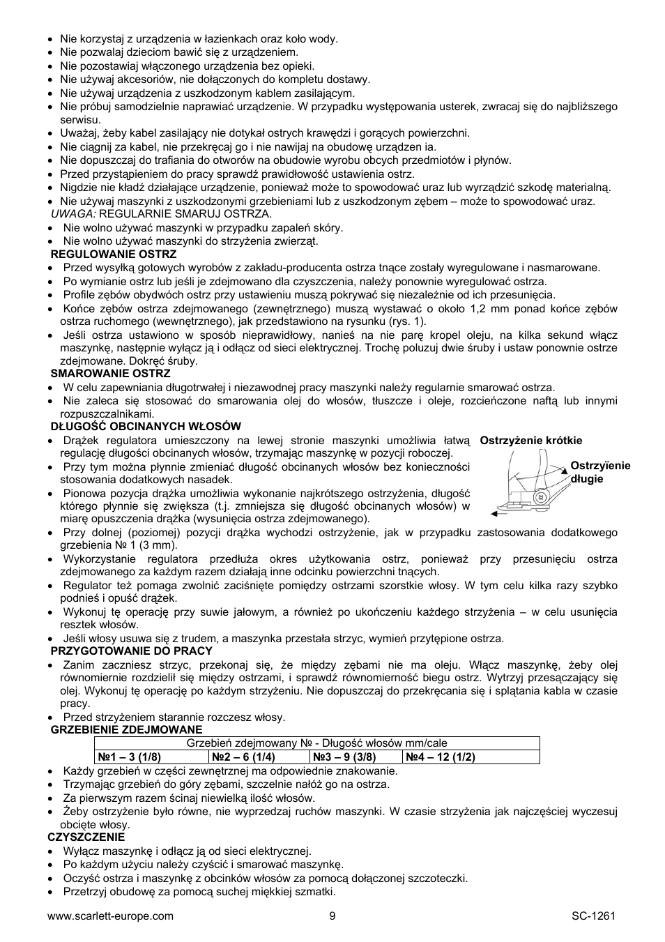 Regulowanie ostrz, Smarowanie ostrz, Długość obcinanych włosów | Przygotowanie do pracy, Grzebienie zdejmowane, Czyszczenie | Scarlett SC-1260 User Manual | Page 9 / 20