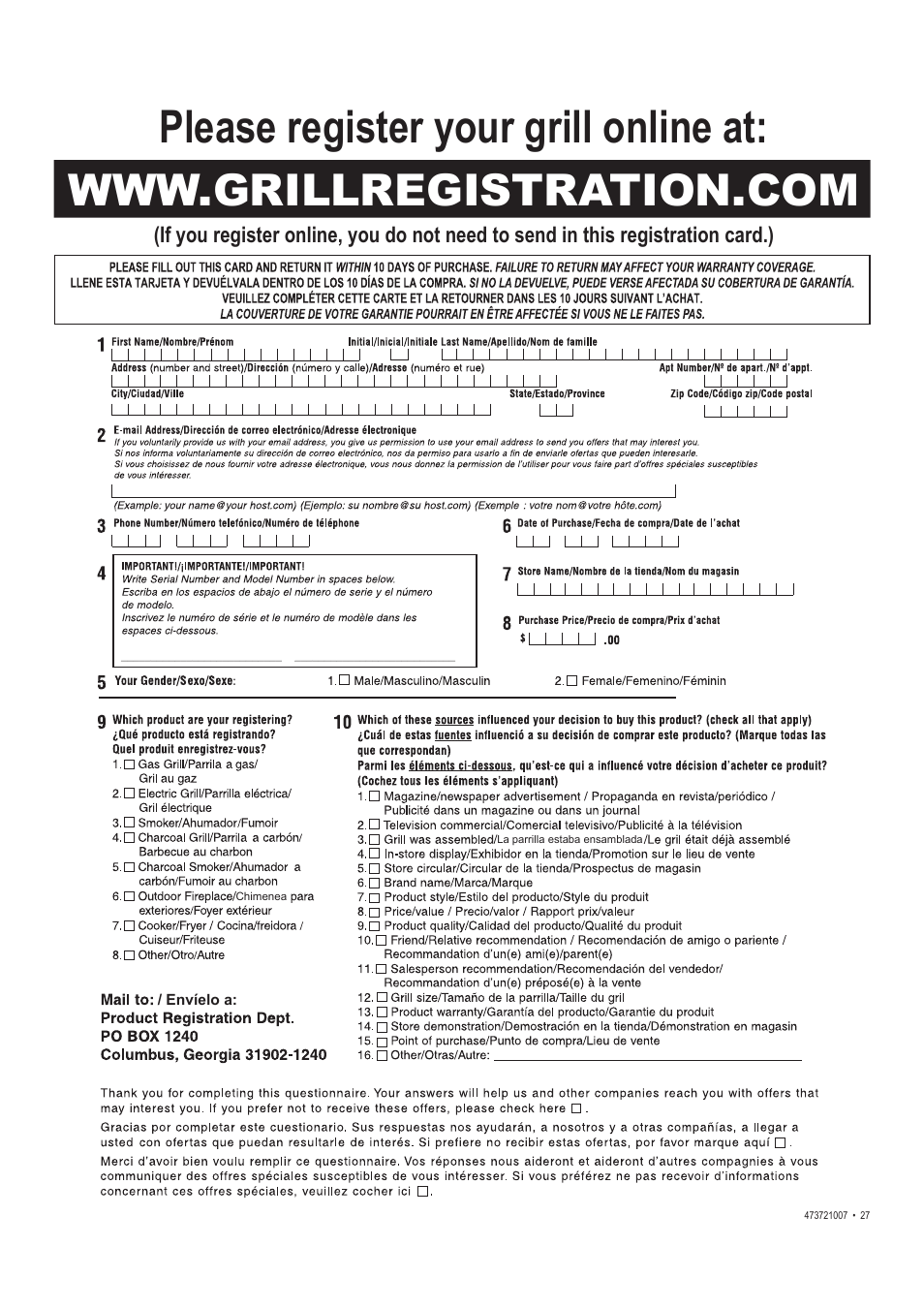 Please register your grill online at | Char-Broil TRADITIONS 473721007 User Manual | Page 27 / 28