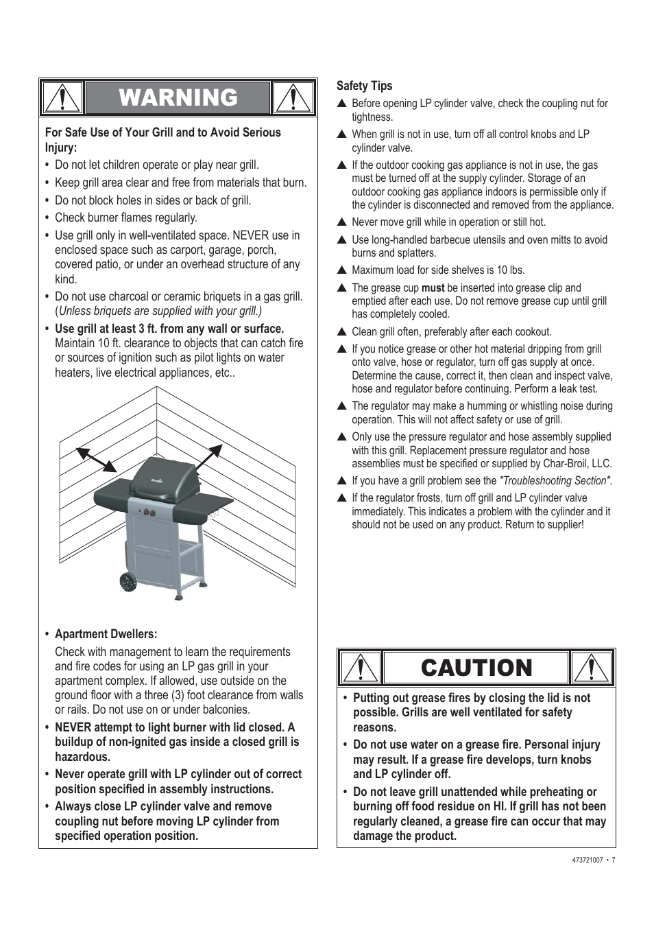 Warning, Caution | Char-Broil TRADITIONS 473721007 User Manual | Page 7 / 28