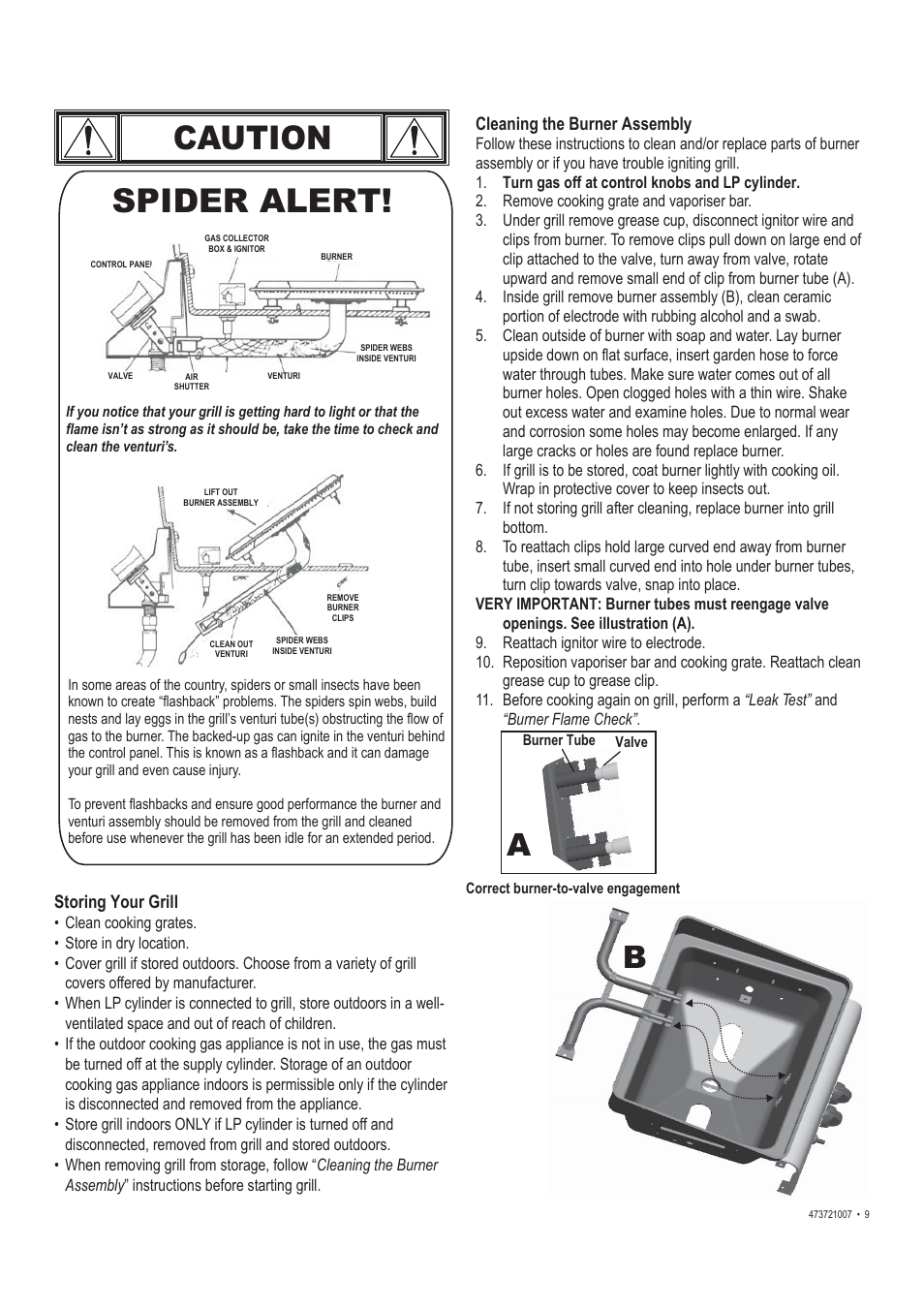 Caution, Spider alert | Char-Broil TRADITIONS 473721007 User Manual | Page 9 / 28