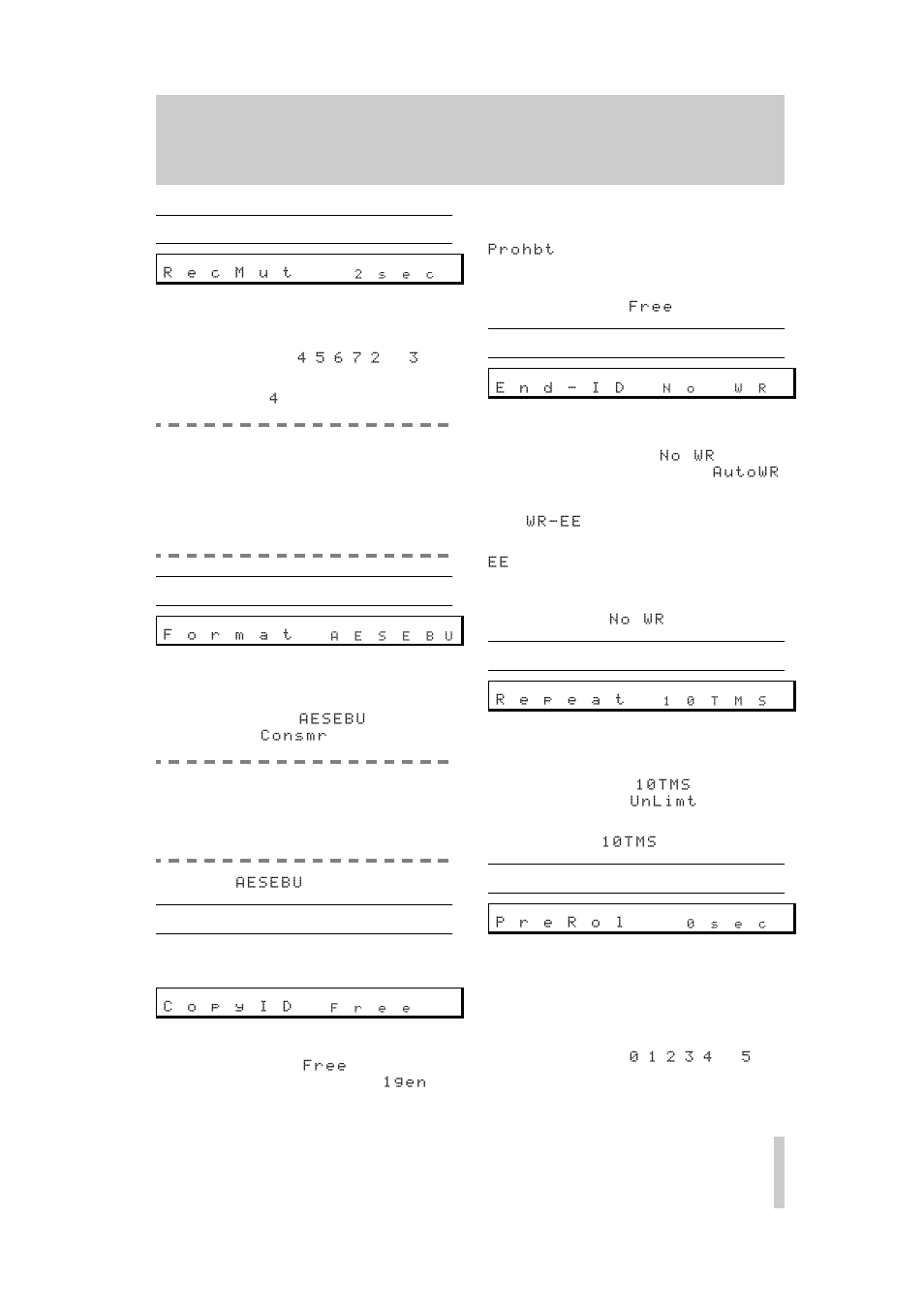 4 record mute time, 5 digital output format, 6 copy prohibit | 7 end id, 8 repeat mode, 9 pre-roll time, Function—see 3.4, Record mute time"), the tape deck will enter the, 3 - menu functions, 19 3.4 record mute time | Teac DA-40 User Manual | Page 19 / 34