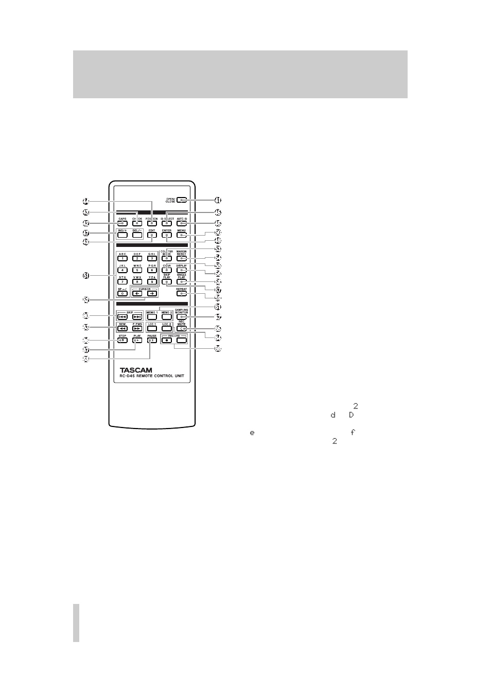 5 - rc-d45 remote control unit (option), 41] open/close, 42] caps | 43] check, 44] position, 45] id select, 46] auto id, 47] ins/+ and del, 48] edit, 49] enter | Teac DA-40 User Manual | Page 28 / 34