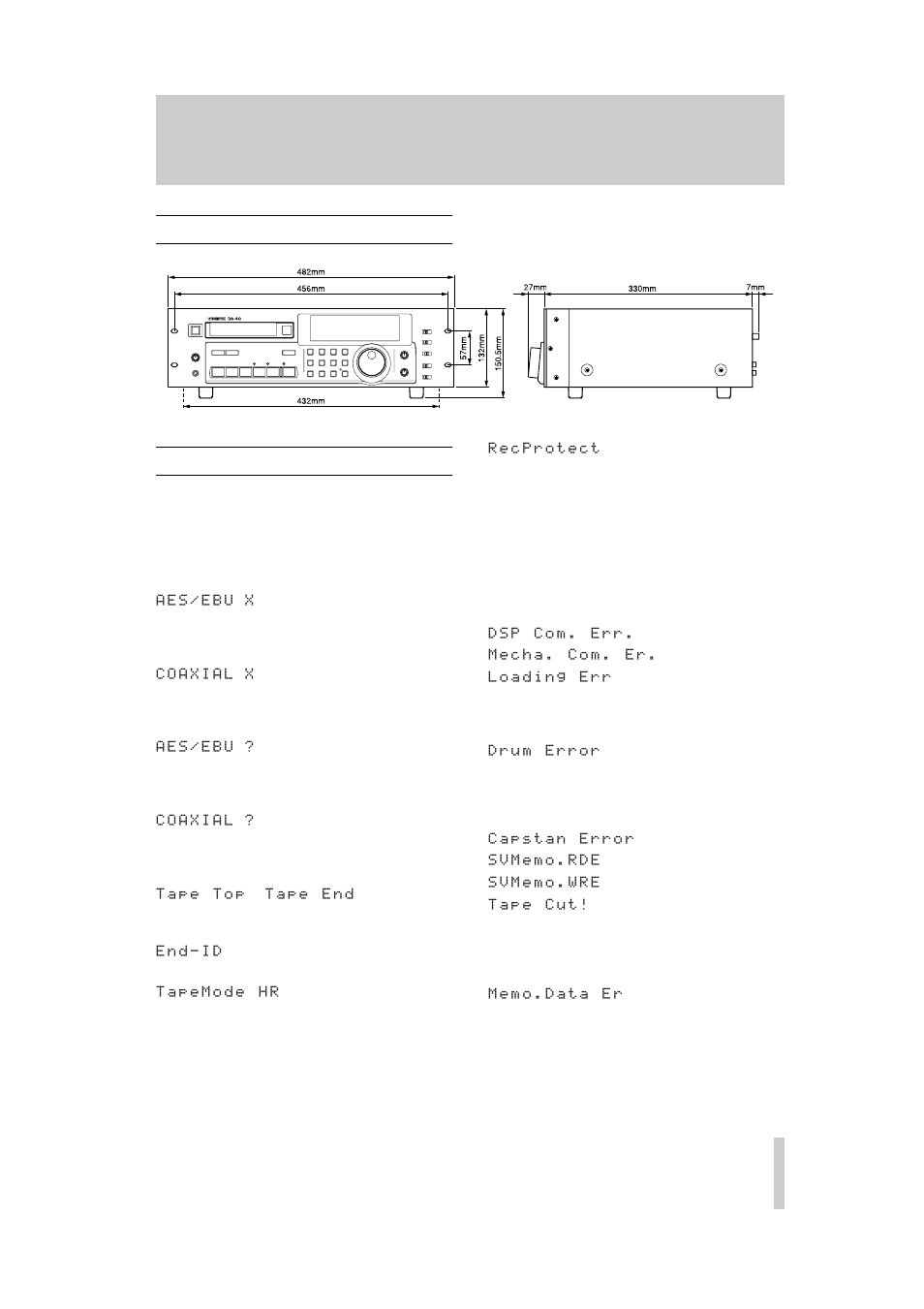 4 dimensional drawing, 5 error messages, 1 warning messages | 2 serious error messages, 6 - specifications | Teac DA-40 User Manual | Page 31 / 34