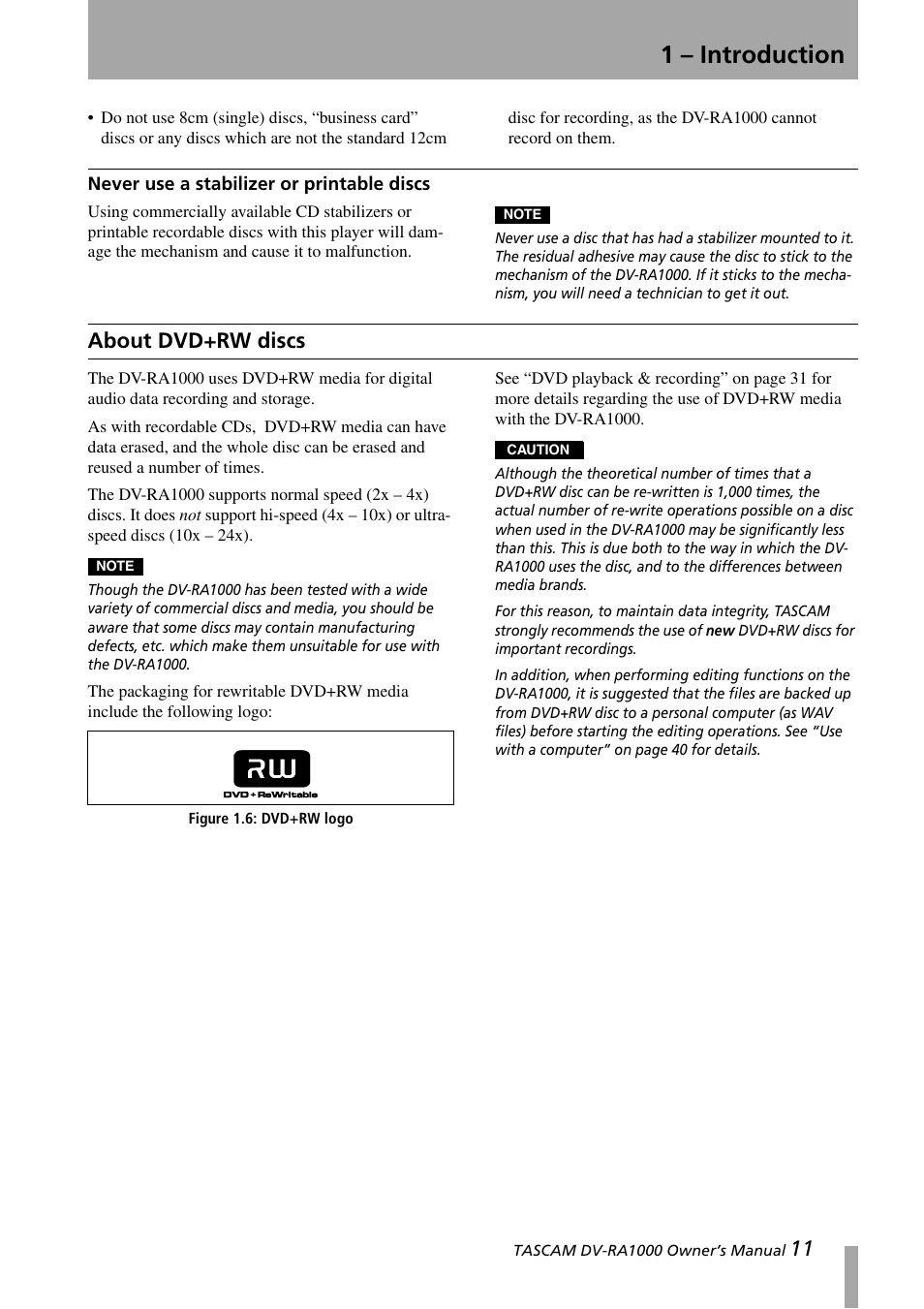 Never use a stabilizer or printable discs, About dvd+rw discs, Figure 1.6: dvd+rw logo | 1 – introduction | Teac DV-RA1000 User Manual | Page 11 / 48