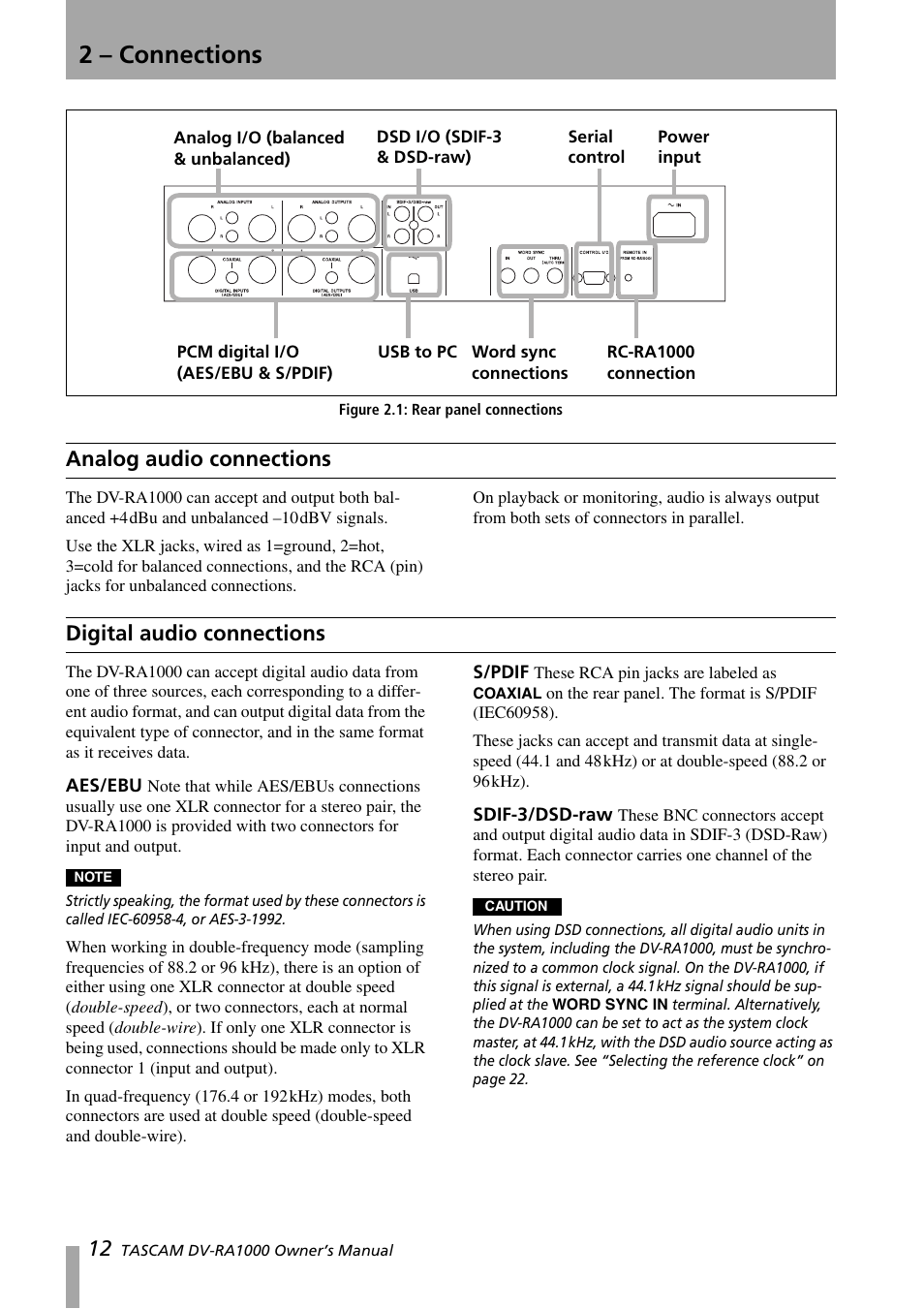 2 - connections, Analog audio connections, Digital audio connections | 2 – connections, Analog audio connections digital audio connections, Aes/ebu s/pdif sdif-3/dsd-raw, Figure 2.1: rear panel connections, 2 – “connections” (p. 12) | Teac DV-RA1000 User Manual | Page 12 / 48