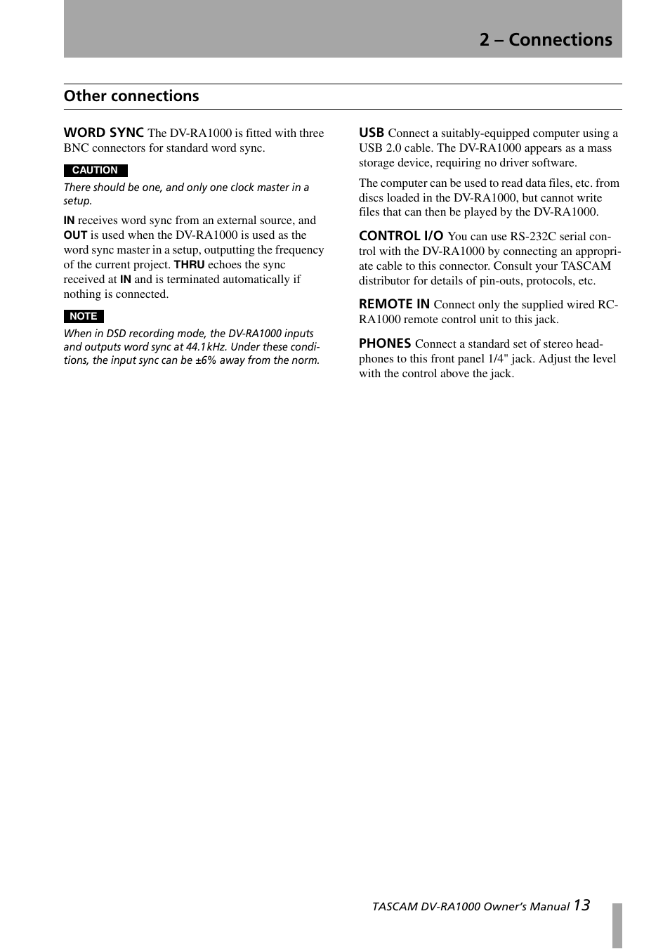 Other connections, Word sync usb control i/o remote in phones, 2 – connections | 13 other connections | Teac DV-RA1000 User Manual | Page 13 / 48