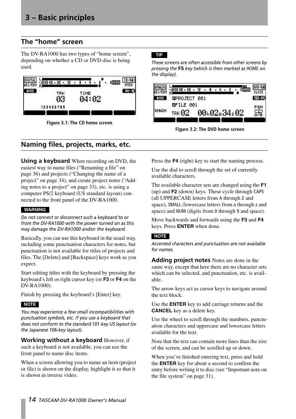 3 - basic principles, The “home” screen, Naming files, projects, marks, etc | 3 – basic principles, 3 – “basic principles” (p. 14) | Teac DV-RA1000 User Manual | Page 14 / 48