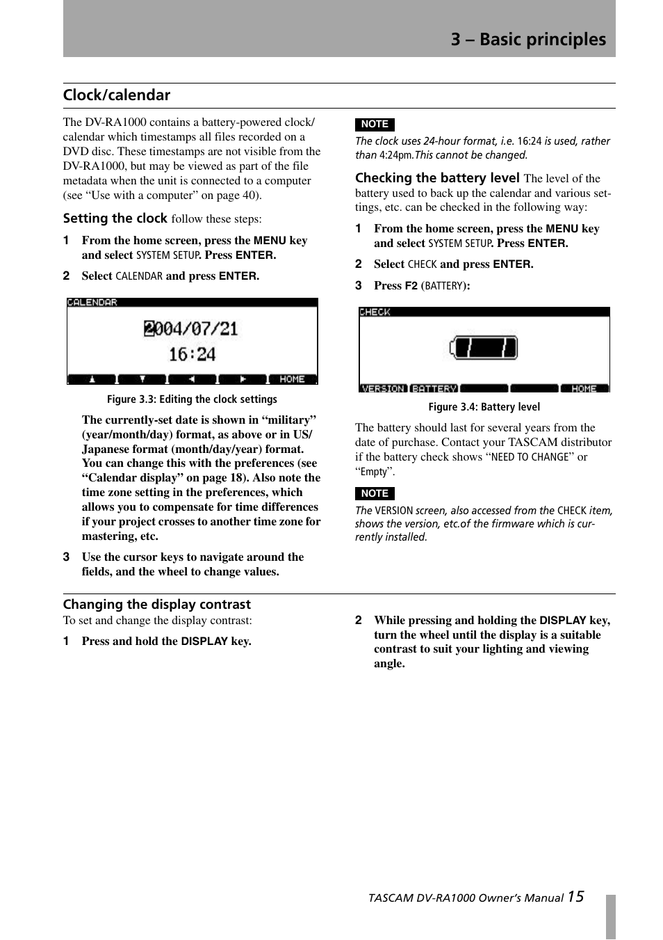 Clock/calendar, Changing the display contrast, Setting the clock checking the battery level | 3 – basic principles, 15 clock/calendar | Teac DV-RA1000 User Manual | Page 15 / 48