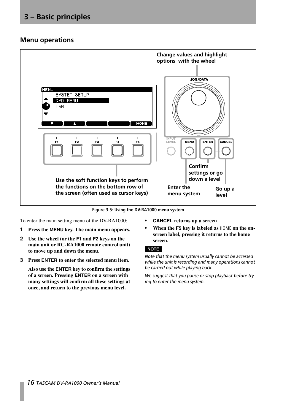 Menu operations, Figure 3.5: using the dv-ra1000 menu system, 3 – basic principles | Teac DV-RA1000 User Manual | Page 16 / 48