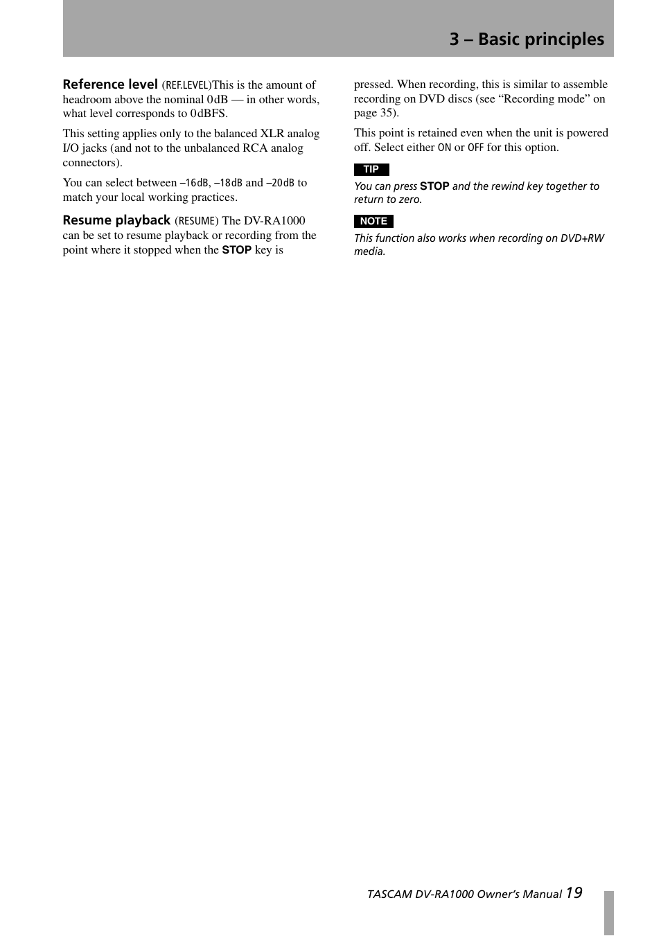 Reference level resume playback, 3 – basic principles | Teac DV-RA1000 User Manual | Page 19 / 48