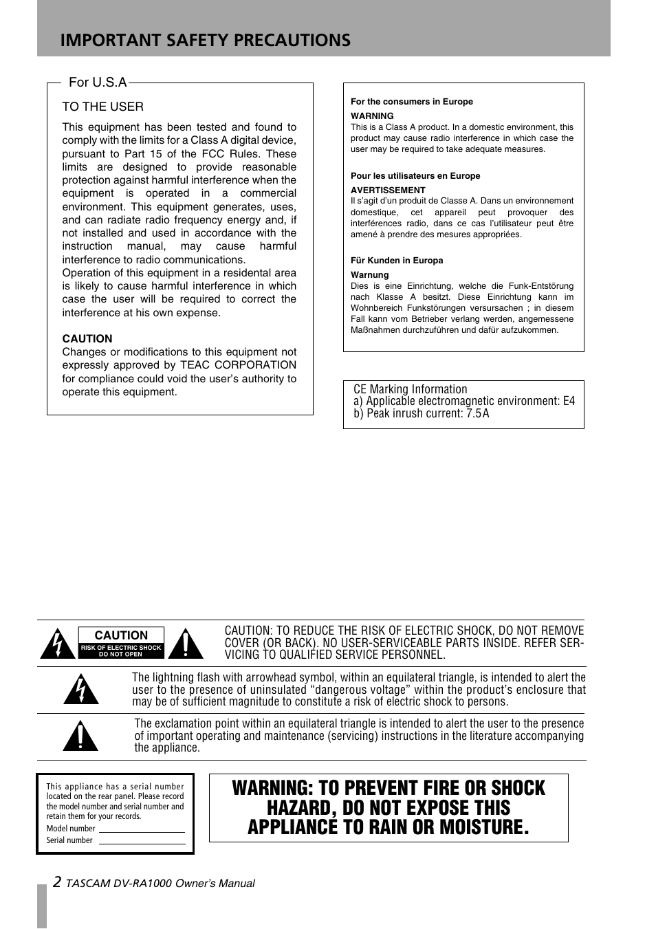 Üÿ ÿ, Important safety precautions | Teac DV-RA1000 User Manual | Page 2 / 48