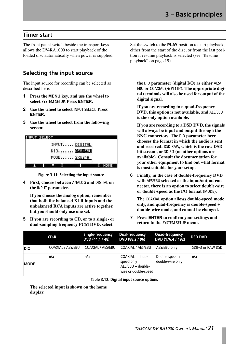 Timer start, Selecting the input source, Timer start selecting the input source | 3 – basic principles, 21 timer start | Teac DV-RA1000 User Manual | Page 21 / 48