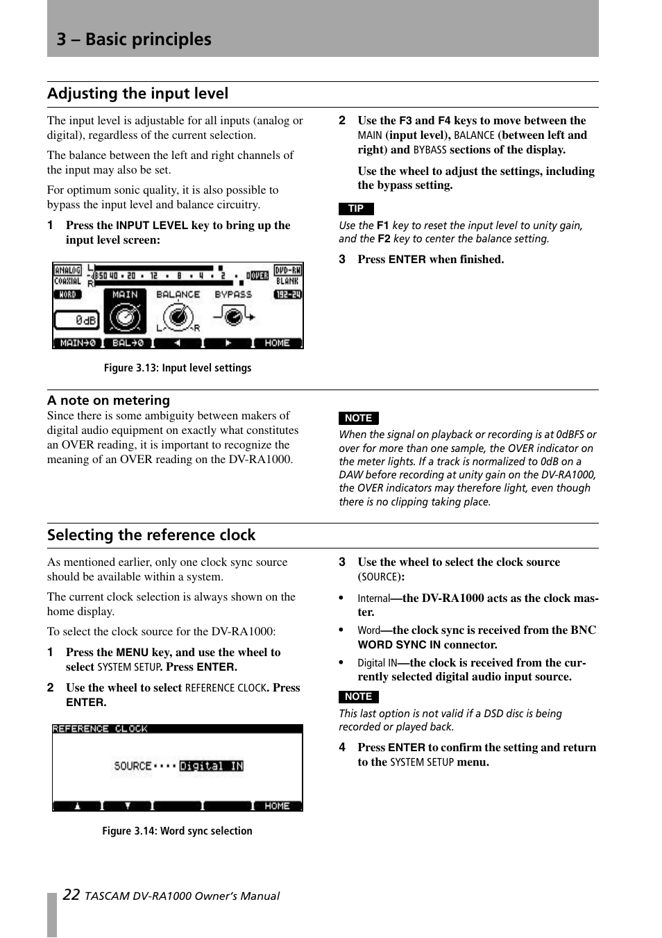 Adjusting the input level, A note on metering, Selecting the reference clock | 3 – basic principles | Teac DV-RA1000 User Manual | Page 22 / 48