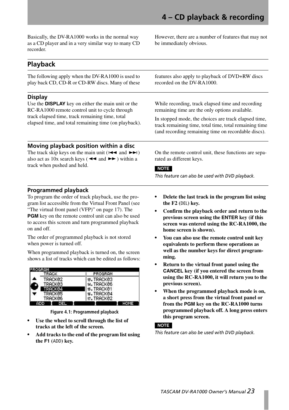 4 - cd playback & recording, Playback, Display | Moving playback position within a disc, Programmed playback, 4 – cd playback & recording, Figure 4.1: programmed playback, 4 – “cd playback & recording” (p. 23) | Teac DV-RA1000 User Manual | Page 23 / 48