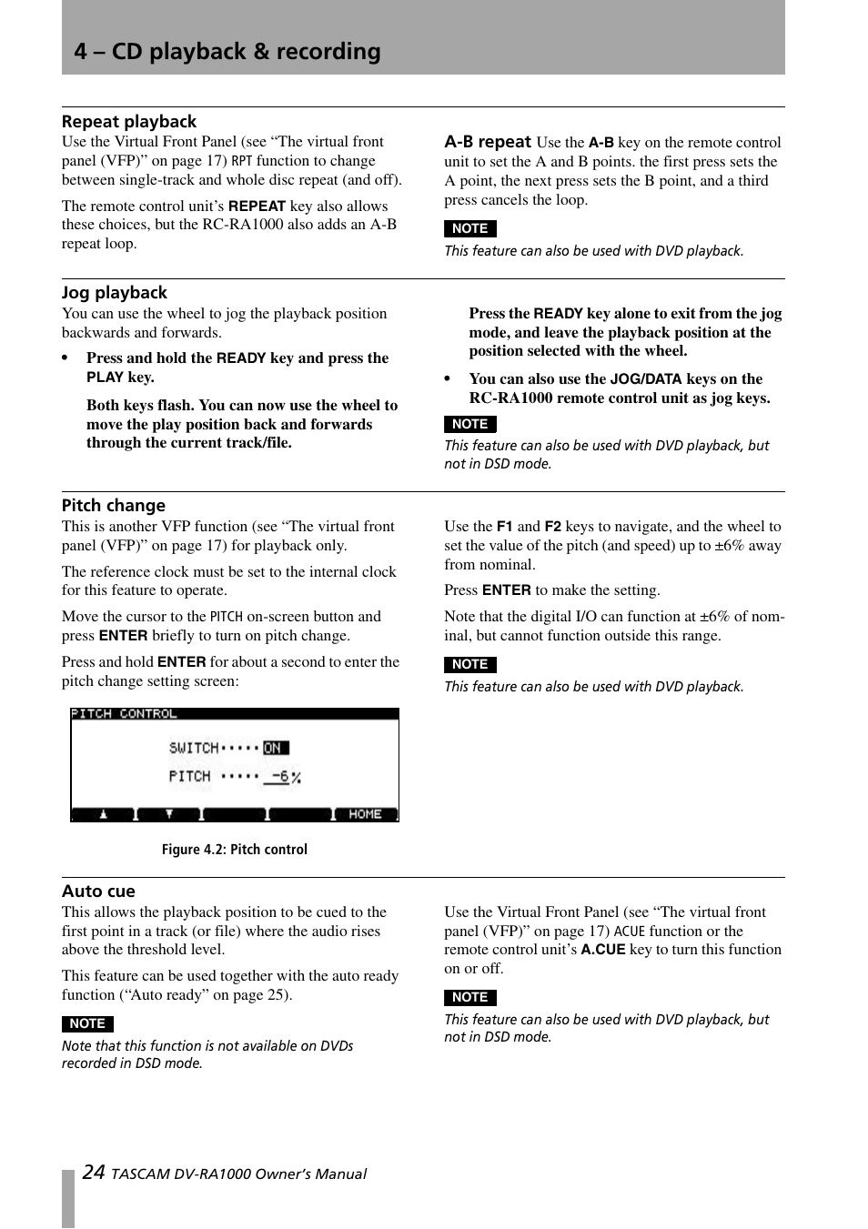 Repeat playback, Jog playback, Pitch change | Auto cue, A-b repeat, Jog playback pitch change auto cue, Figure 4.2: pitch control, 4 – cd playback & recording | Teac DV-RA1000 User Manual | Page 24 / 48