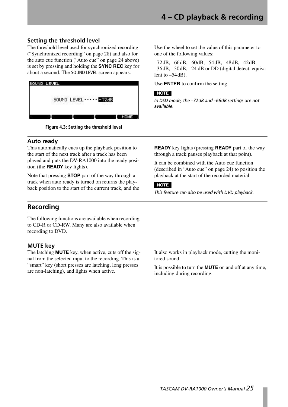 Setting the threshold level, Auto ready, Recording | Mute key, Setting the threshold level auto ready, Figure 4.3: setting the threshold level, 4 – cd playback & recording | Teac DV-RA1000 User Manual | Page 25 / 48