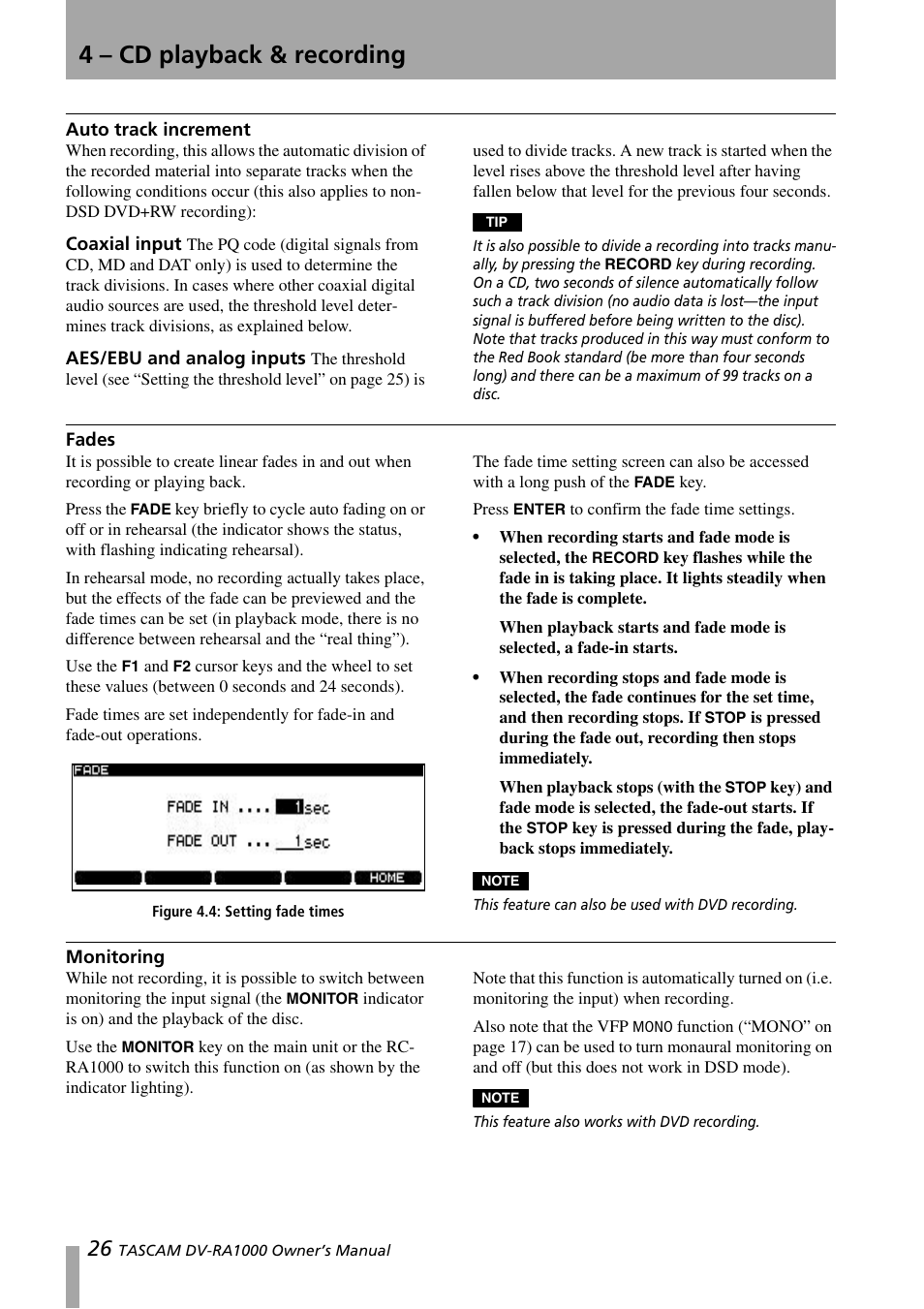Auto track increment, Fades, Monitoring | Coaxial input aes/ebu and analog inputs, Fades monitoring, Figure 4.4: setting fade times, 4 – cd playback & recording | Teac DV-RA1000 User Manual | Page 26 / 48