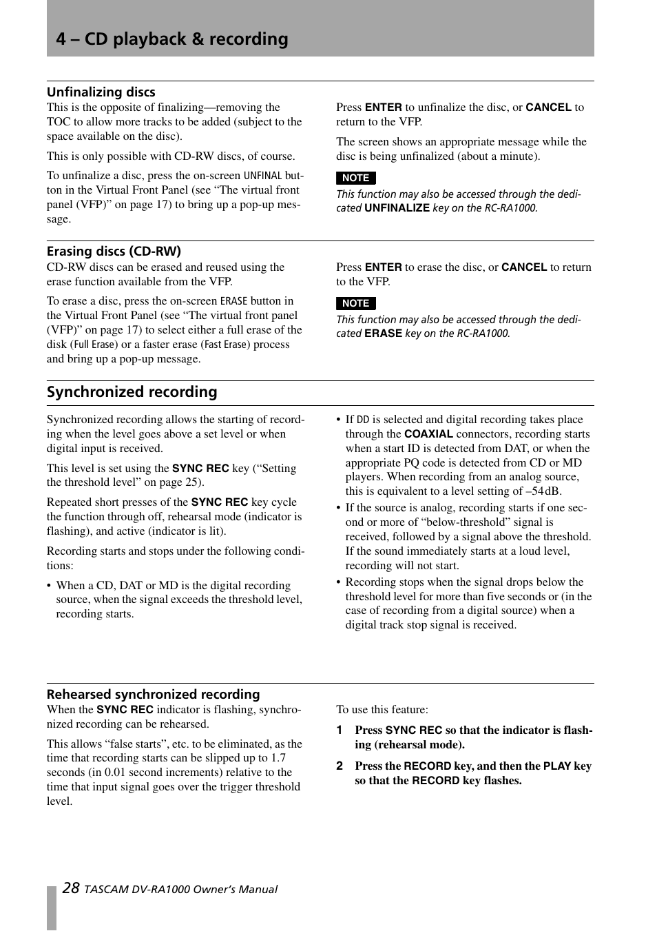 Unfinalizing discs, Erasing discs (cd-rw), Synchronized recording | Rehearsed synchronized recording, Unfinalizing discs erasing discs (cd-rw), 4 – cd playback & recording | Teac DV-RA1000 User Manual | Page 28 / 48