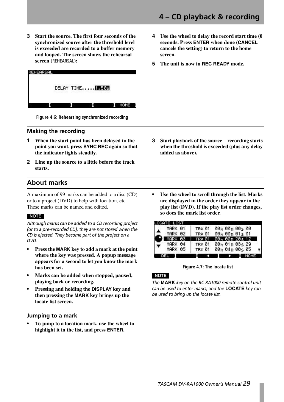 Making the recording, About marks, Jumping to a mark | 4 – cd playback & recording | Teac DV-RA1000 User Manual | Page 29 / 48