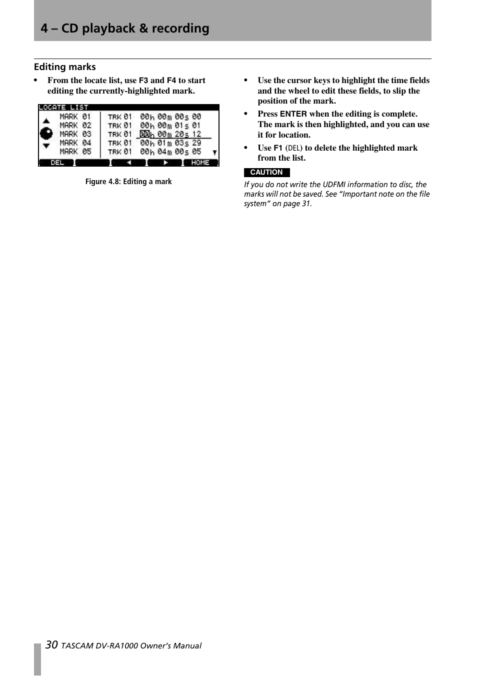 Editing marks, Figure 4.8: editing a mark, 4 – cd playback & recording | Teac DV-RA1000 User Manual | Page 30 / 48