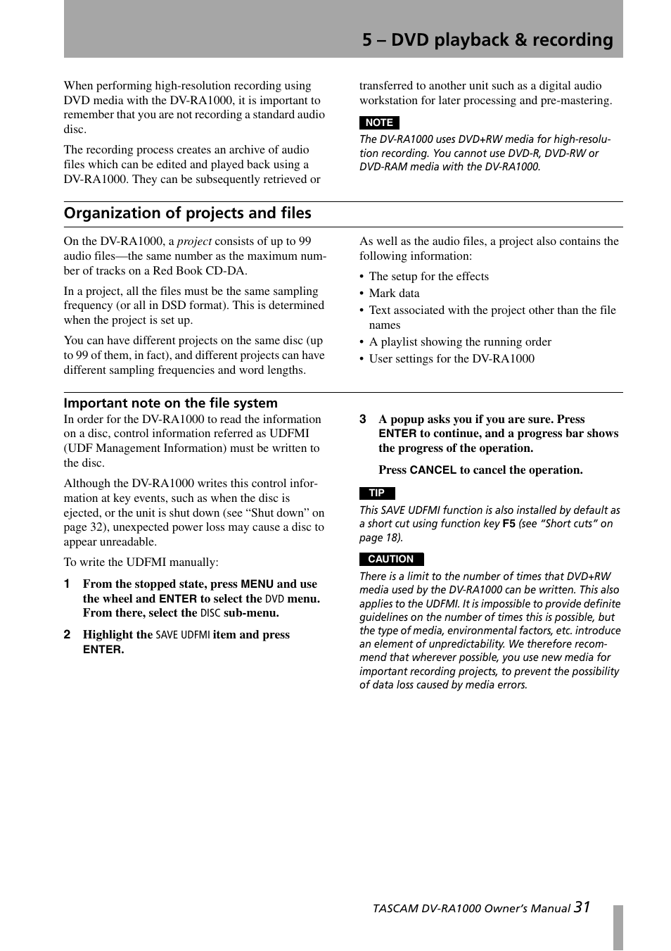 5 - dvd playback & recording, Organization of projects and files, Important note on the file system | 5 – dvd playback & recording, 5 – “dvd playback & recording” (p. 31) | Teac DV-RA1000 User Manual | Page 31 / 48