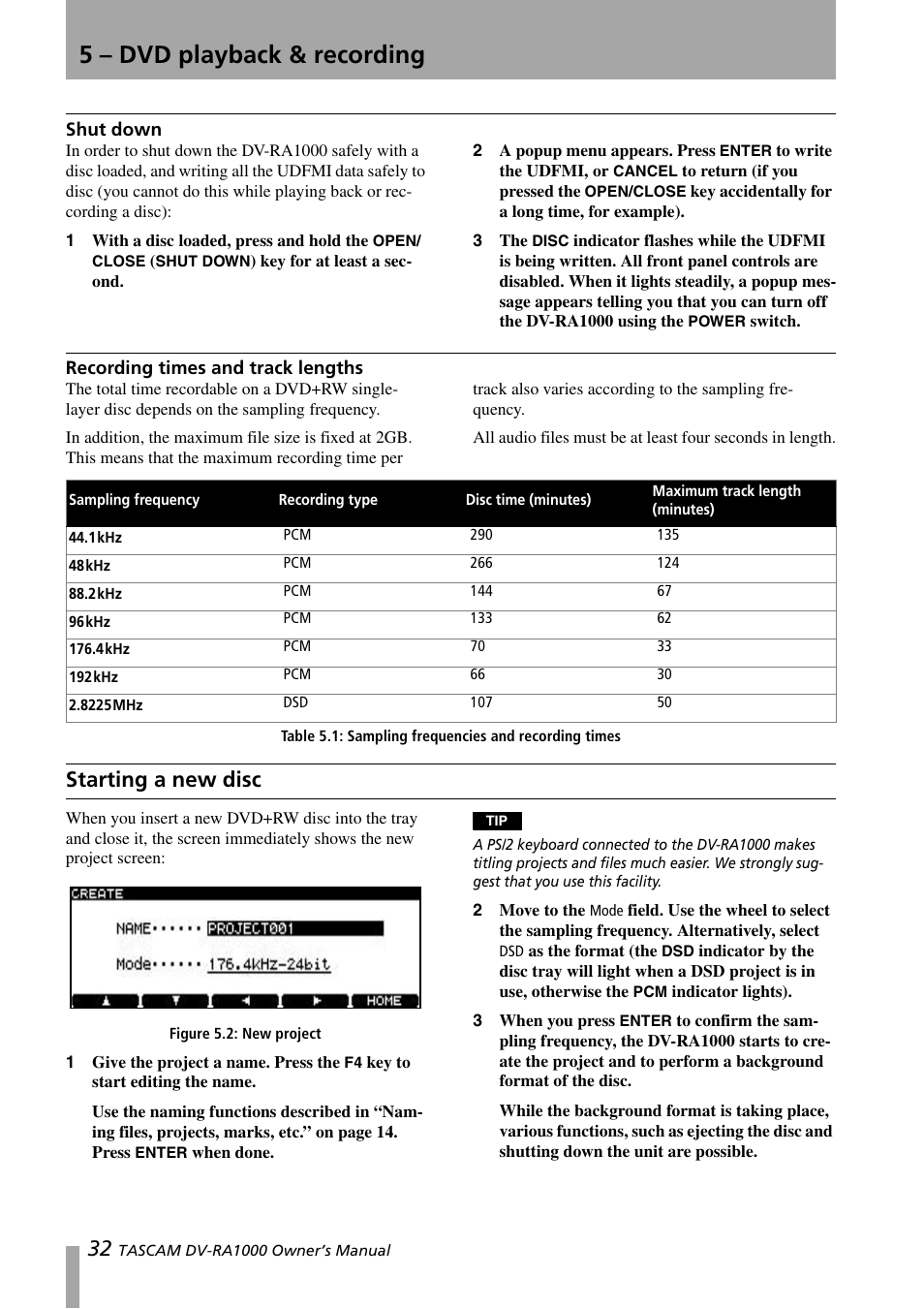 Shut down, Recording times and track lengths, Starting a new disc | Shut down recording times and track lengths, Table 5.1: sampling frequencies and, Recording times, Figure 5.2: new project, 5 – dvd playback & recording | Teac DV-RA1000 User Manual | Page 32 / 48