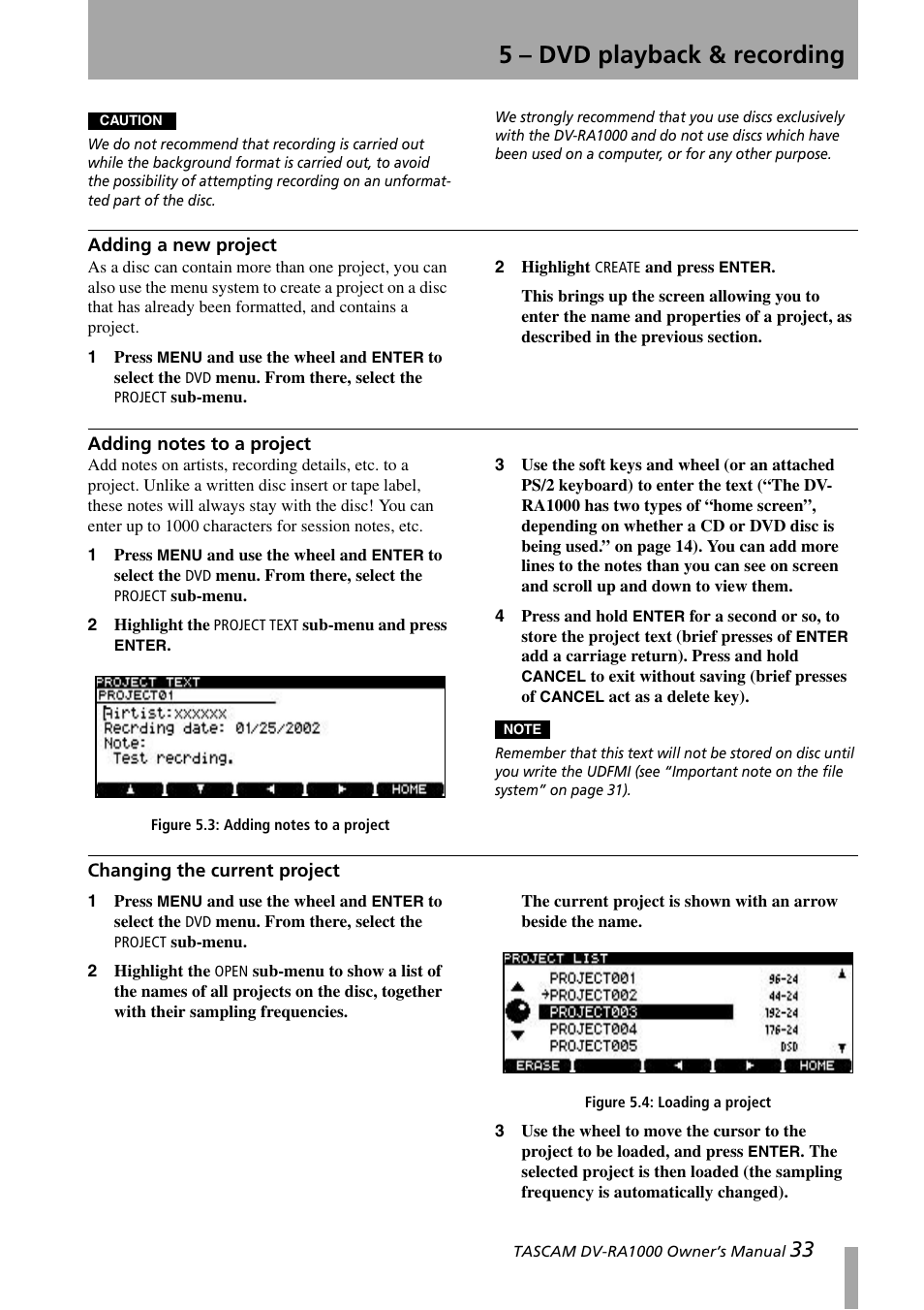 Adding a new project, Adding notes to a project, Changing the current project | 5 – dvd playback & recording | Teac DV-RA1000 User Manual | Page 33 / 48