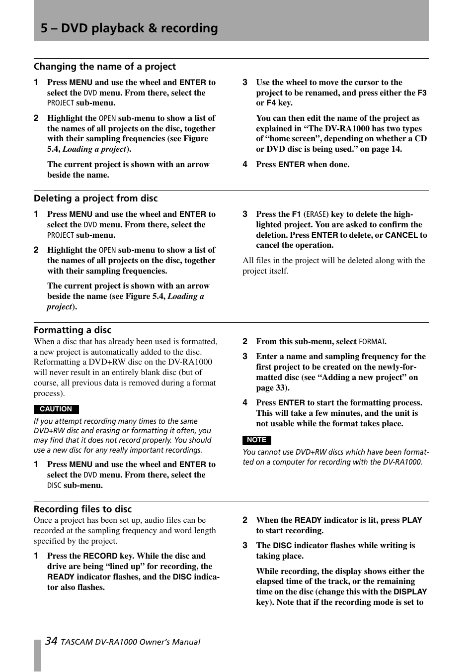 Changing the name of a project, Deleting a project from disc, Formatting a disc | Recording files to disc, 5 – dvd playback & recording | Teac DV-RA1000 User Manual | Page 34 / 48