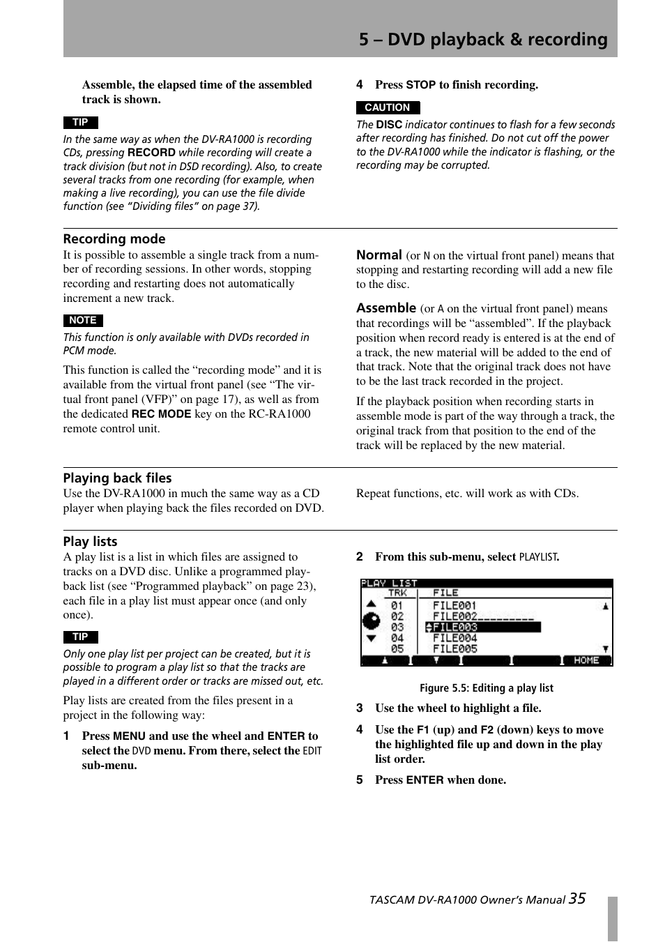 Recording mode, Playing back files, Play lists | Normal assemble, Playing back files play lists, Figure 5.5: editing a play list, 5 – dvd playback & recording | Teac DV-RA1000 User Manual | Page 35 / 48