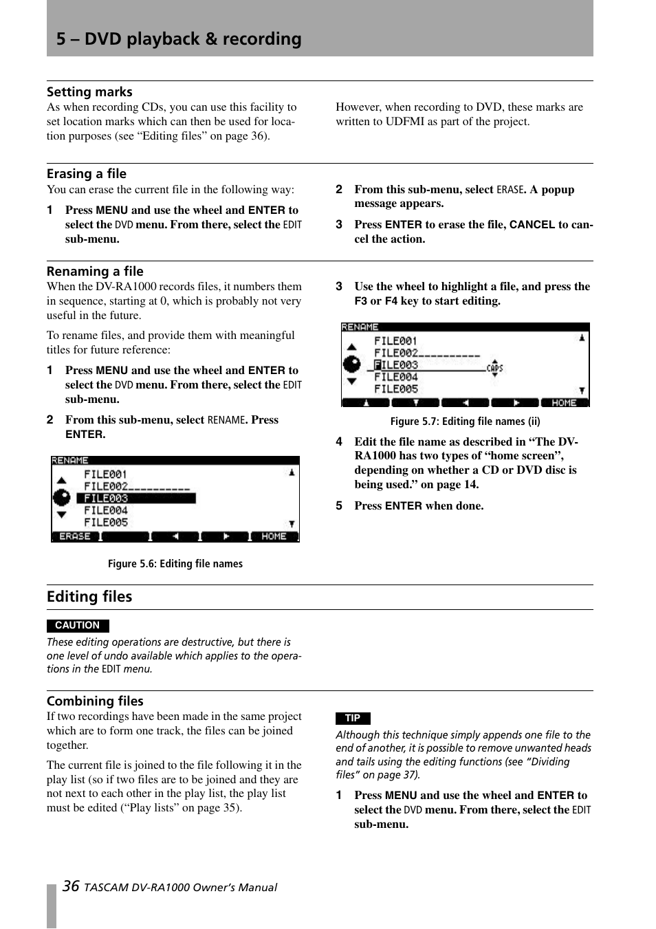 Setting marks, Erasing a file, Renaming a file | Editing files, Combining files, Setting marks erasing a file renaming a file, 5 – dvd playback & recording | Teac DV-RA1000 User Manual | Page 36 / 48