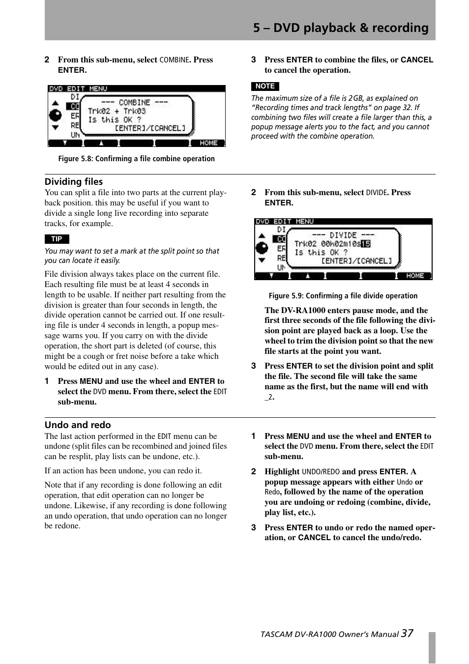 Dividing files, Undo and redo, Dividing files undo and redo | 5 – dvd playback & recording | Teac DV-RA1000 User Manual | Page 37 / 48