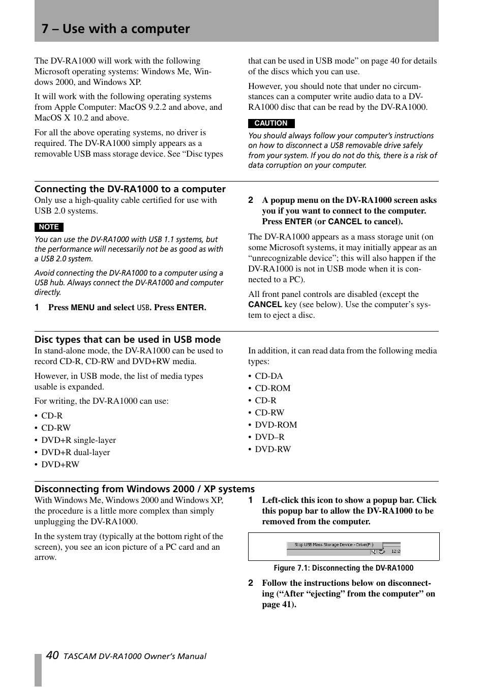 7 - use with a computer, Connecting the dv-ra1000 to a computer, Disc types that can be used in usb mode | Disconnecting from windows 2000 / xp systems, 7 – use with a computer, Figure 7.1: disconnecting the dv-ra1000, 7 – “use with a computer” (p. 40) | Teac DV-RA1000 User Manual | Page 40 / 48