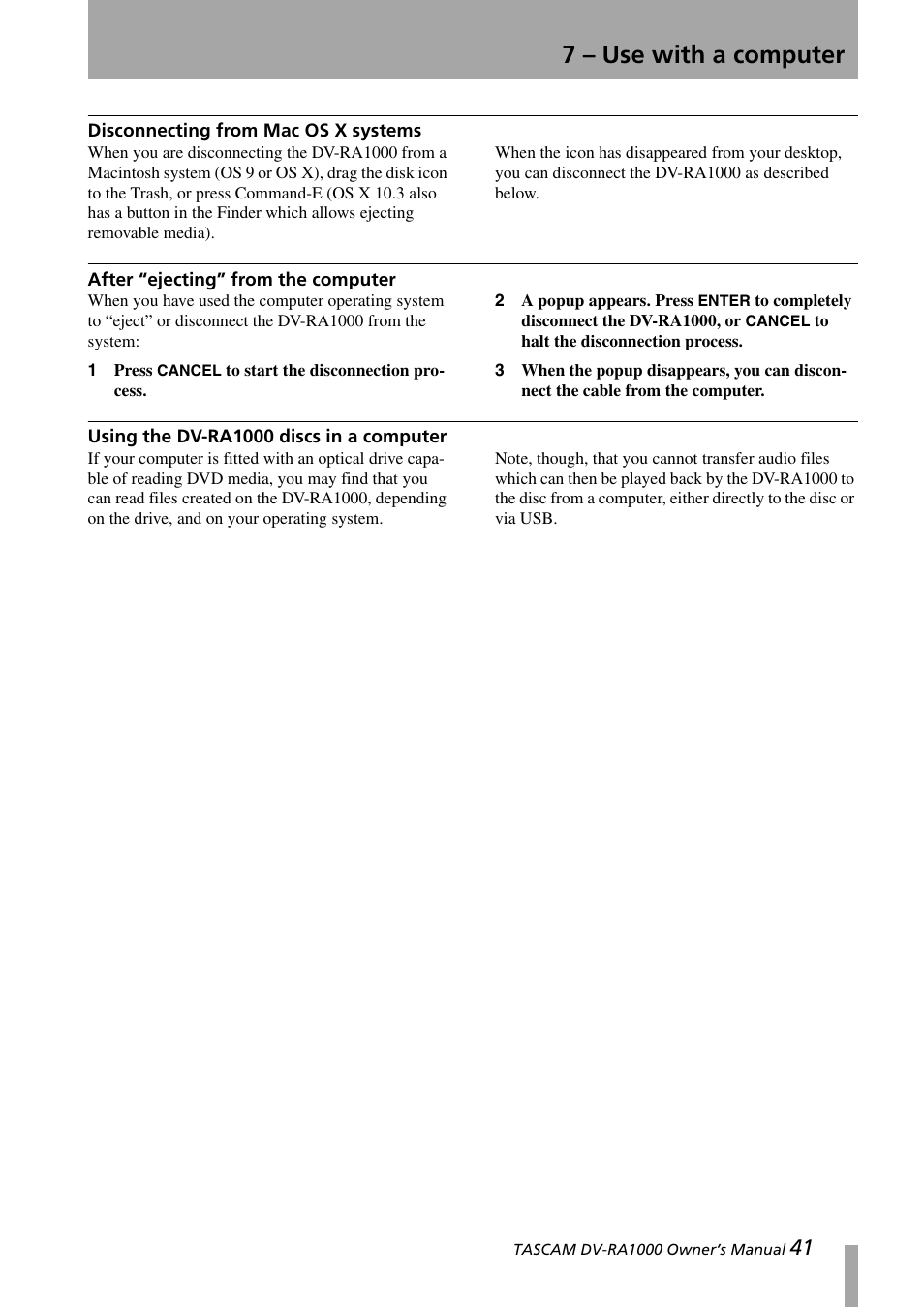 Disconnecting from mac os x systems, After “ejecting” from the computer, Using the dv-ra1000 discs in a computer | 7 – use with a computer | Teac DV-RA1000 User Manual | Page 41 / 48