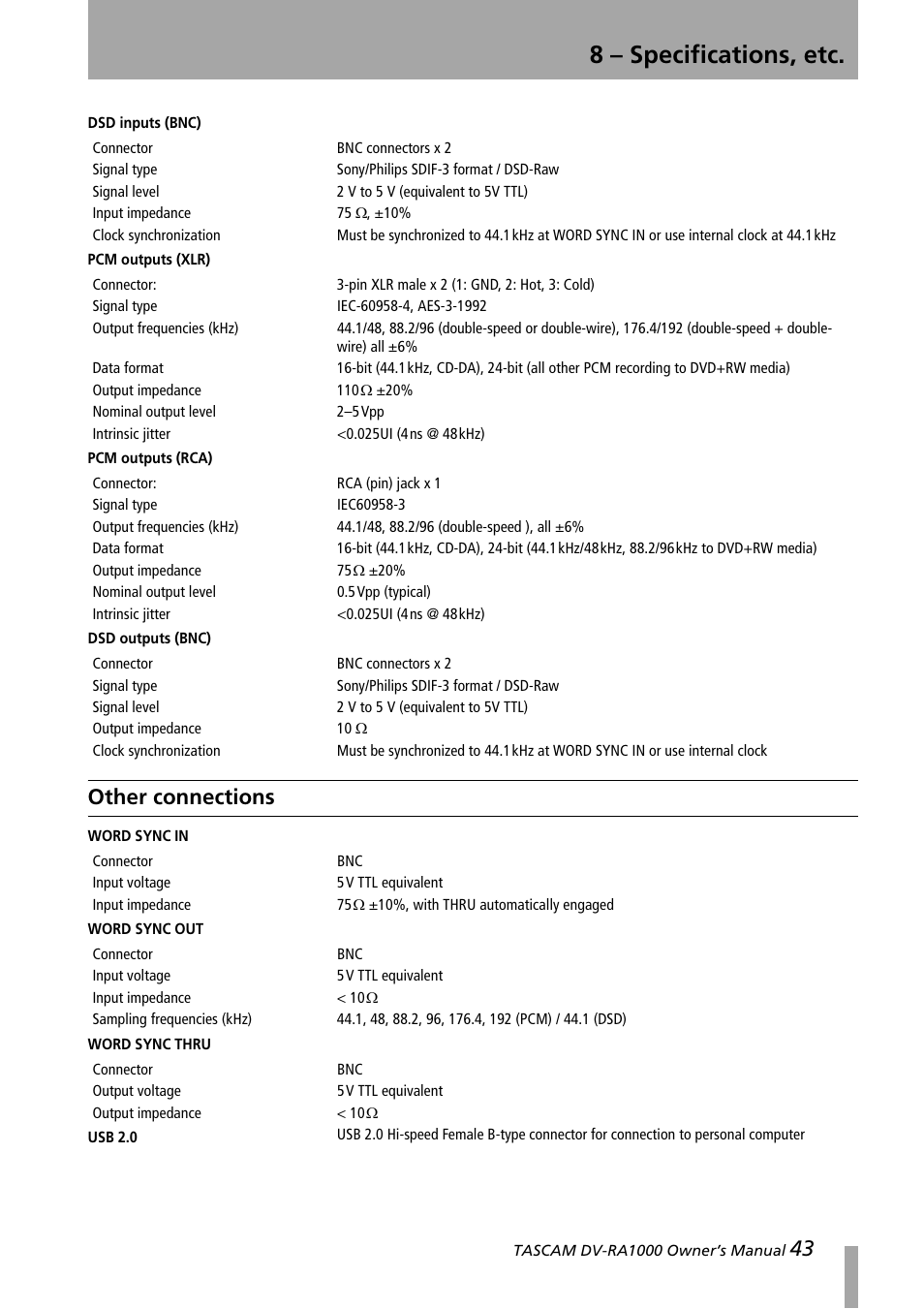 Other connections, 8 – specifications, etc, 43 other connections | Teac DV-RA1000 User Manual | Page 43 / 48