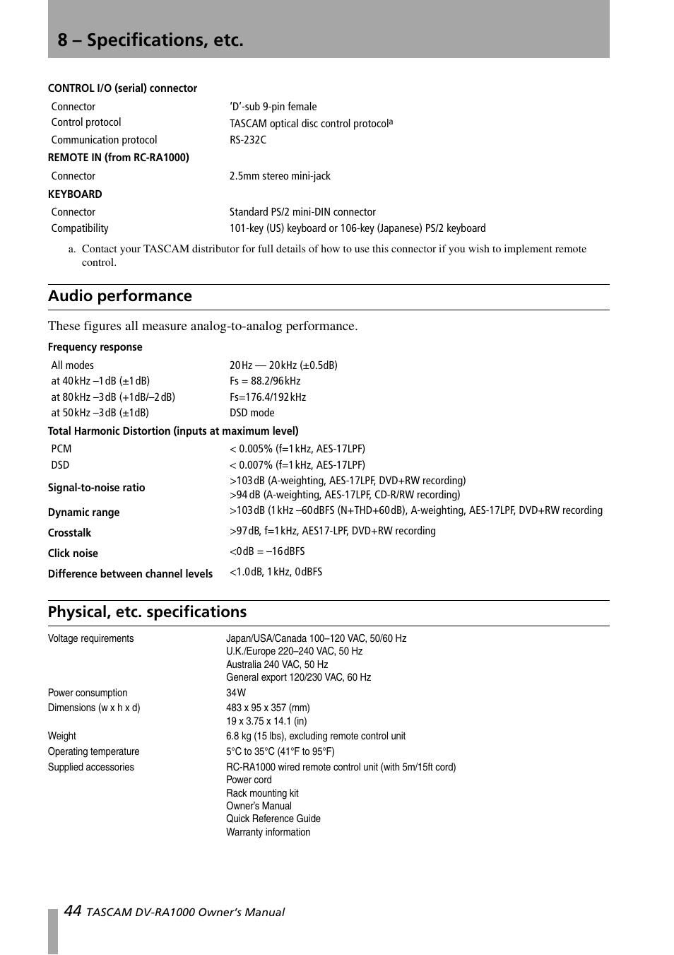 Audio performance, Physical, etc. specifications, Audio performance physical, etc. specifications | 8 – specifications, etc | Teac DV-RA1000 User Manual | Page 44 / 48