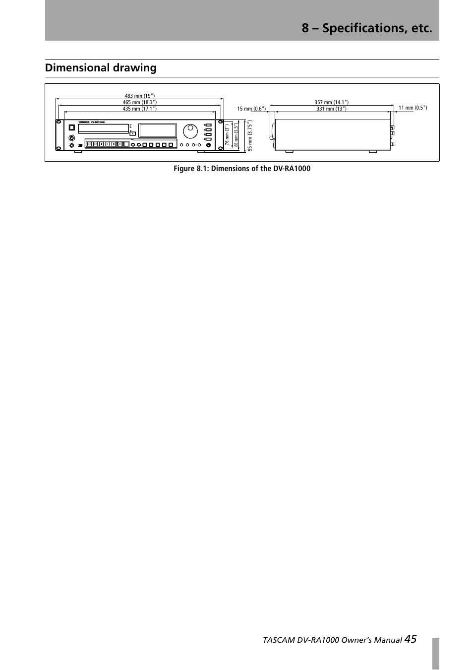 Dimensional drawing, Figure 8.1: dimensions of the dv-ra1000, 8 – specifications, etc | 45 dimensional drawing | Teac DV-RA1000 User Manual | Page 45 / 48