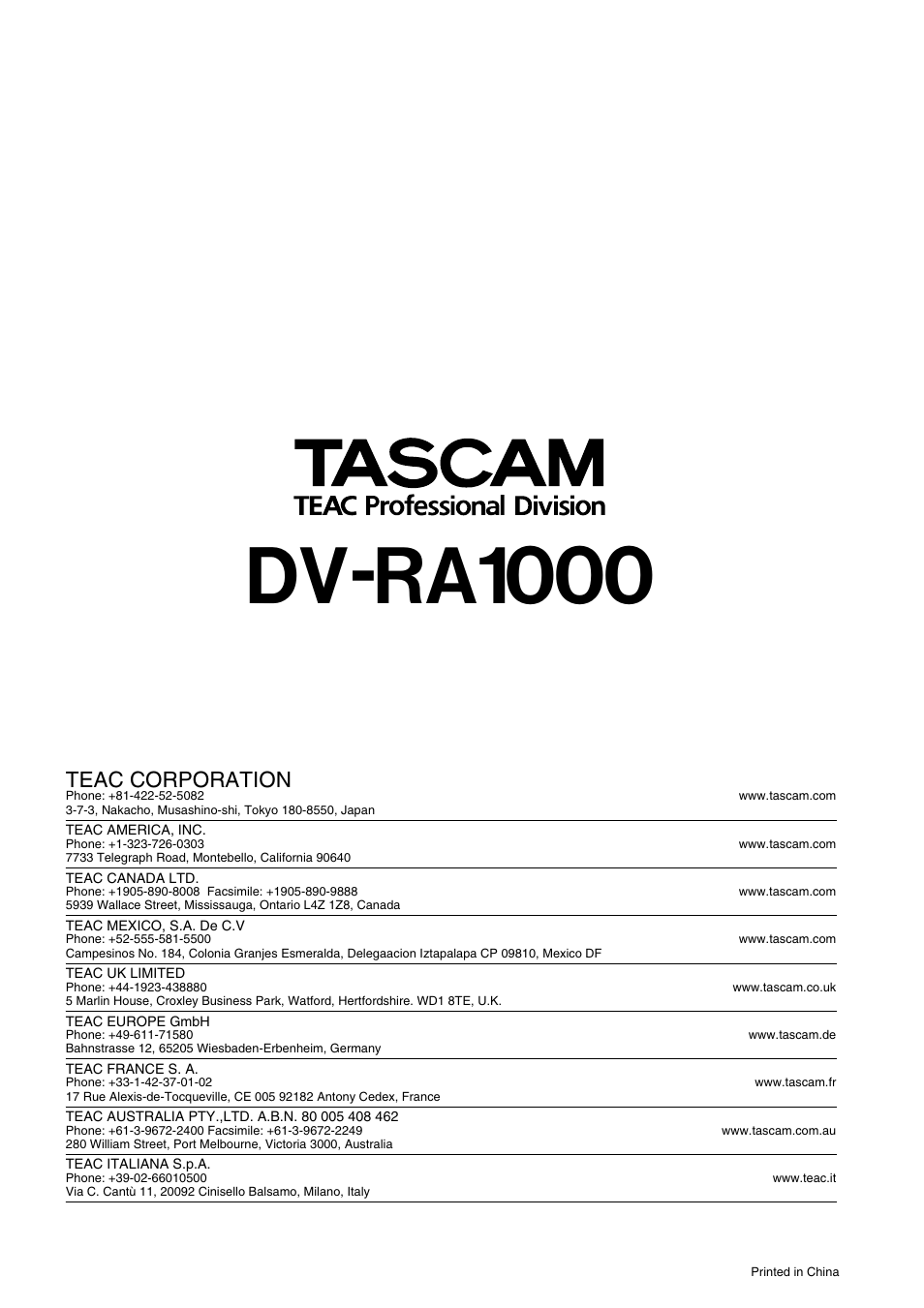 Dv-ra1000, Teac corporation | Teac DV-RA1000 User Manual | Page 48 / 48