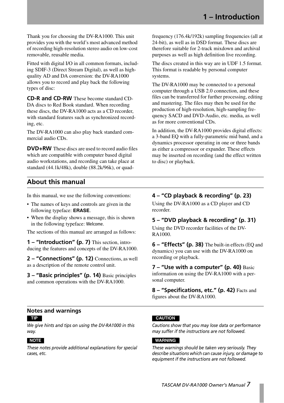 1 - introduction, About this manual, Notes and warnings | 1 – introduction, Cd-r and cd-rw dvd+rw | Teac DV-RA1000 User Manual | Page 7 / 48