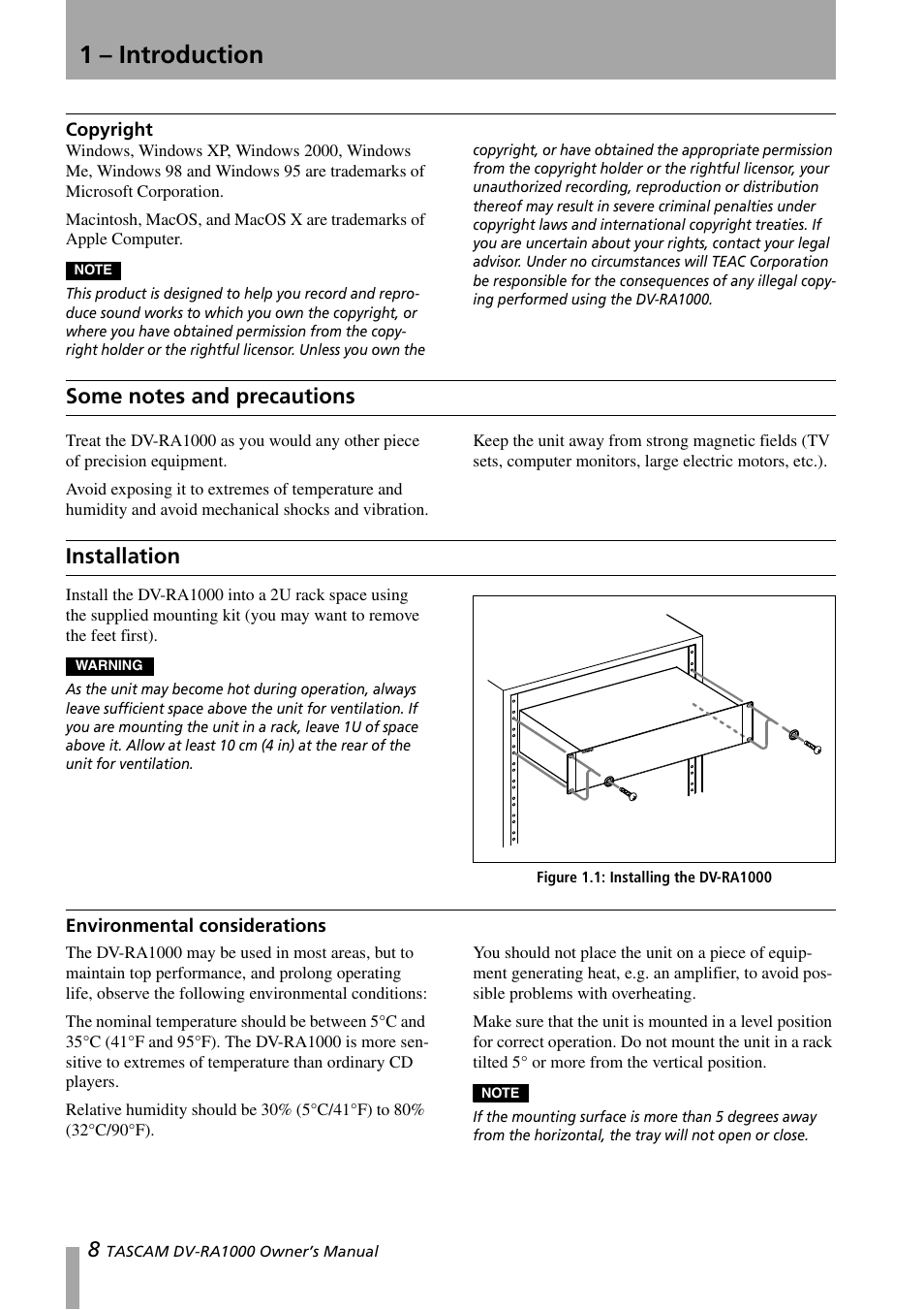 Copyright, Some notes and precautions, Installation | Environmental considerations, Some notes and precautions installation, Figure 1.1: installing the dv-ra1000, 1 – introduction | Teac DV-RA1000 User Manual | Page 8 / 48