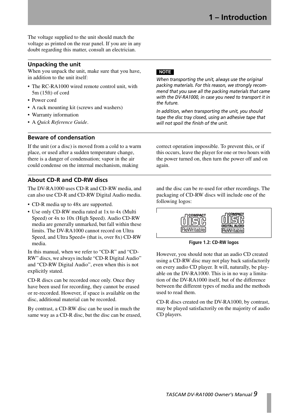 Unpacking the unit, Beware of condensation, About cd-r and cd-rw discs | Figure 1.2: cd-rw logos, 1 – introduction | Teac DV-RA1000 User Manual | Page 9 / 48