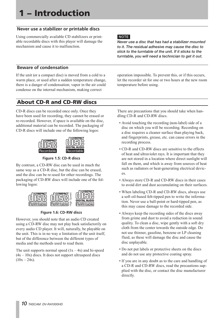 Never use a stabilizer or printable discs, Beware of condensation, About cd-r and cd-rw discs | 1 − introduction | Teac DV-RA1000HD User Manual | Page 10 / 68